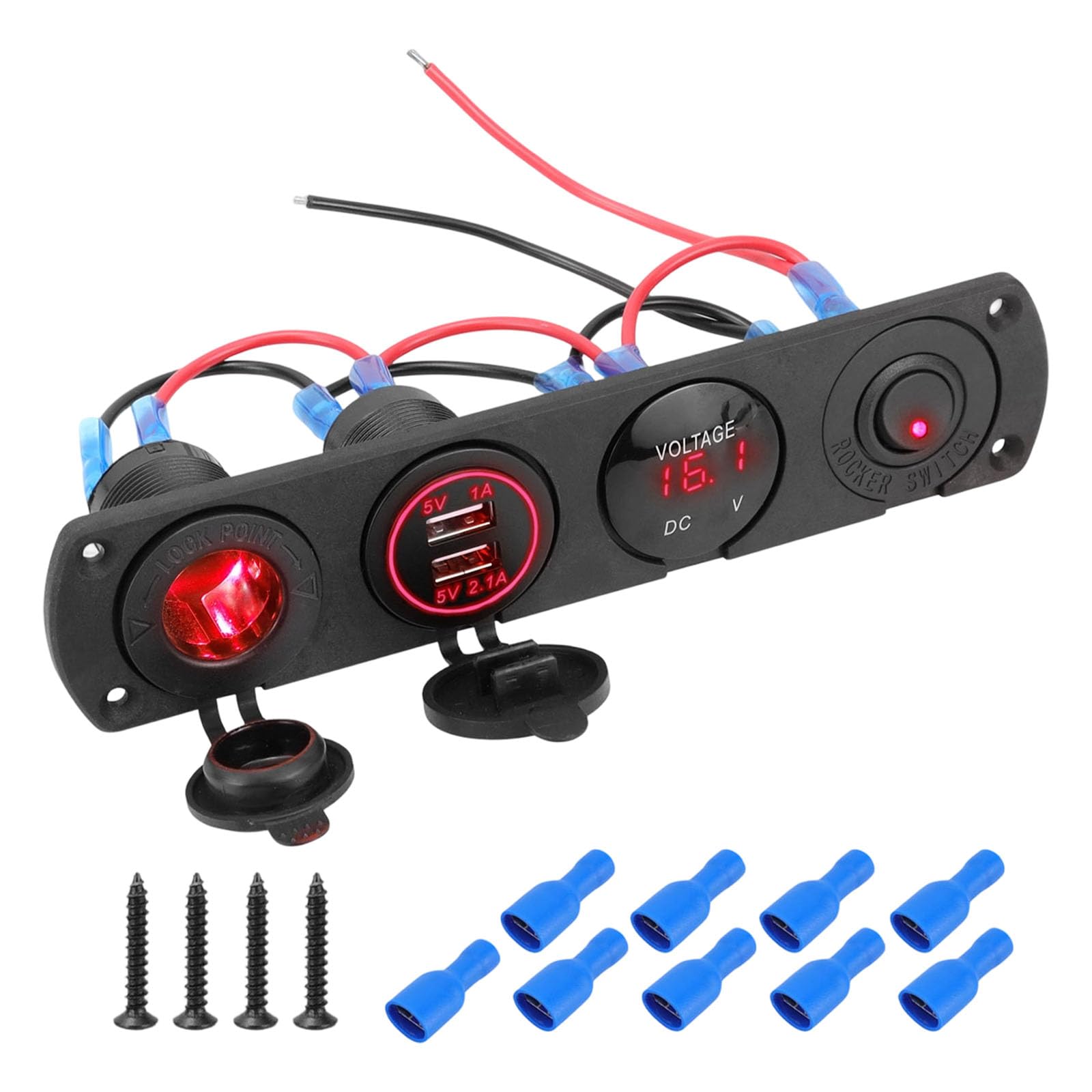 WGDYRP 4 In 1 Boat Control Panel With Two USB Ports LED Power Meter And 12V Socket For Boats Cars Recreational Vehicles