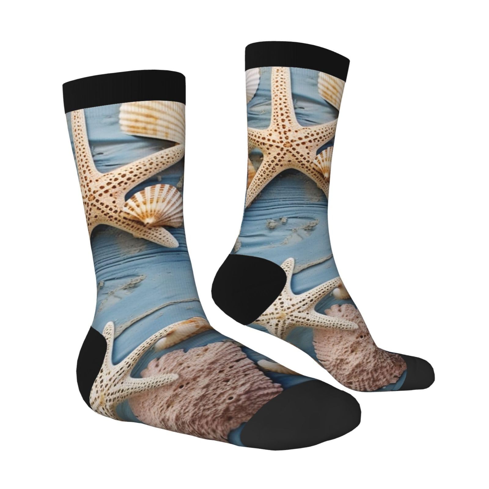 LZQPOEAS Shell Starfish Pattern Athletic Socks Unisex Cushioned Crew Socks Hiking Running Calf Sock Soft Above Ankle Sock