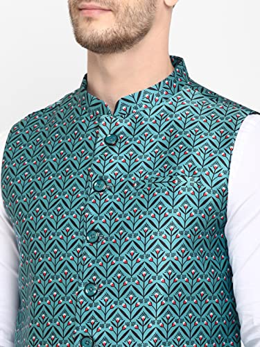Image of hangup Men's Printed Cotton Nehru Jacket /waist coat, color Green. Size 38 (170A PrintedDup Nehru)