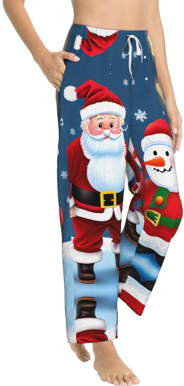 Santa Claus And Snowman Print Cozy Women'S Flannel Pajama Pants,Perfect For Christmas And Everyday Comfort