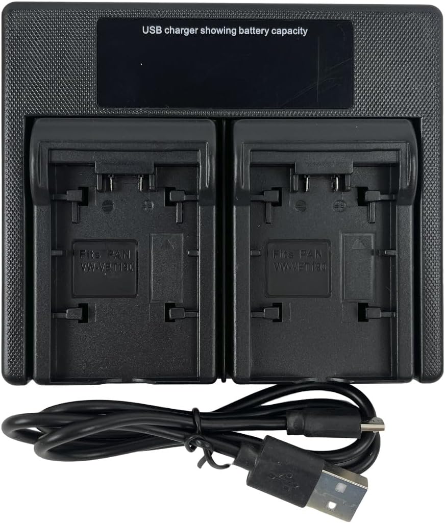 USB LED Dual Camera Battery Charger for VW-VBK180, VW-VBK360, VBT190, VBT380, Fits HC-V100 V110 V130 V160 V180 V201 V210 V250 V380 V500 V510 V520 V550 V700 V710 V720 V750 V770 VX870 VX981.