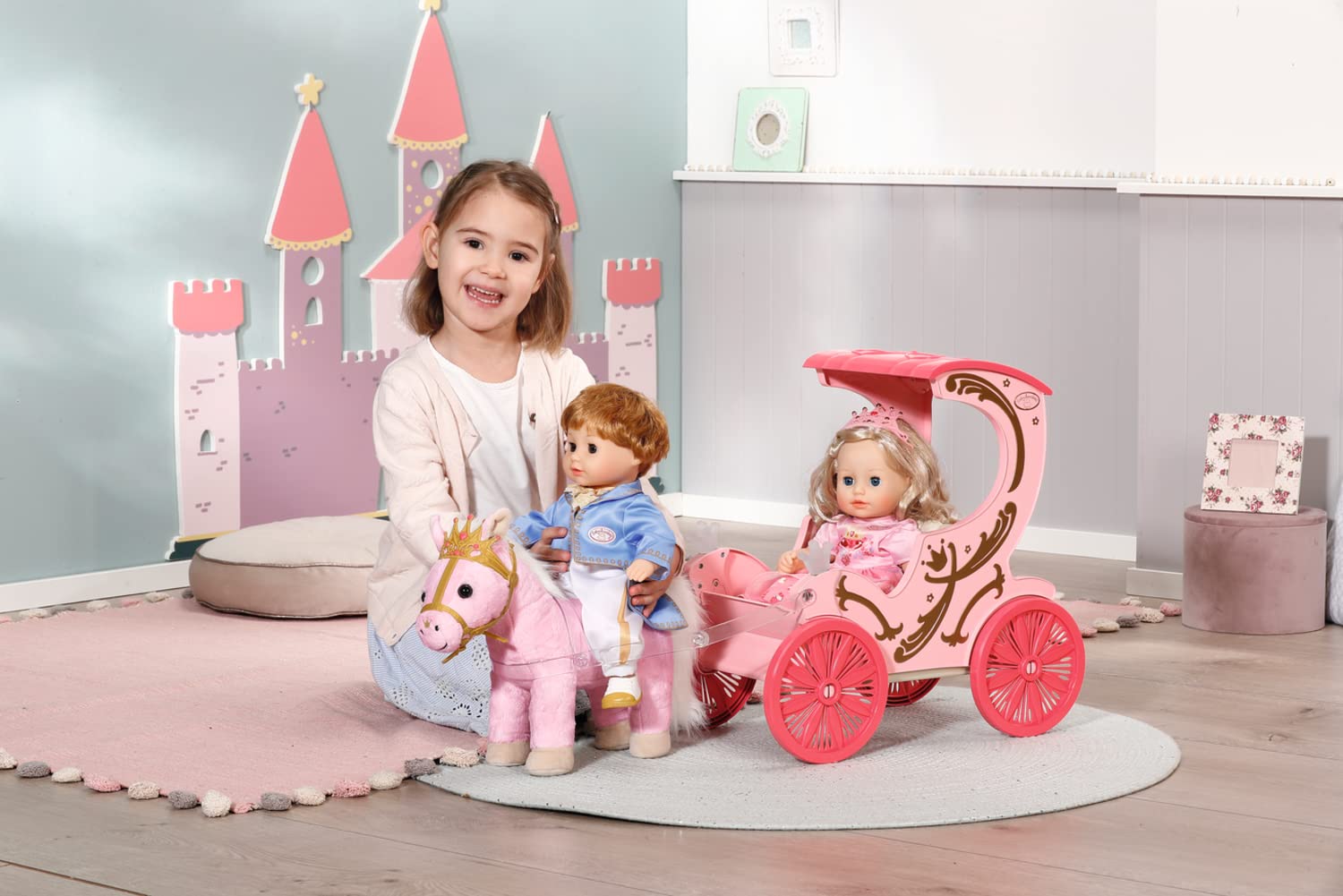 Baby Annabell Carrozza e Pony - per Bambole da 36 e 43 cm - La Carrozza Include Effetti di Luce, Maniglia/Imbracatura Rimovibile - Funziona con Pile - per Bambini e Bambine da 1 Anno in su