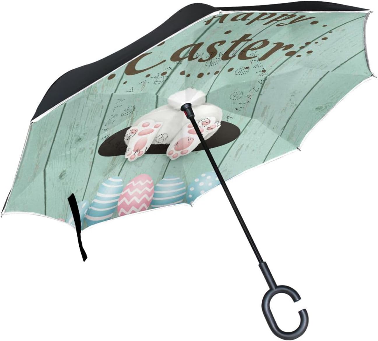 Happy Easter Eggs Rabbit Inverted Umbrellas for Rain Windproof Reverse Upside Down Golf Umbrella with C-shape Handle for Men Women