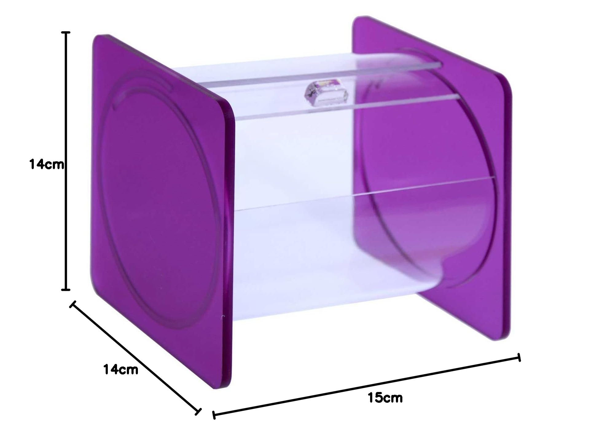 Portacaramelle confezionate sezione circolare in plexiglass trasparente e con pannelli laterali in plexiglass satinato FUCSIA - Misure totali: L 15 x P 14 x H 14 cm