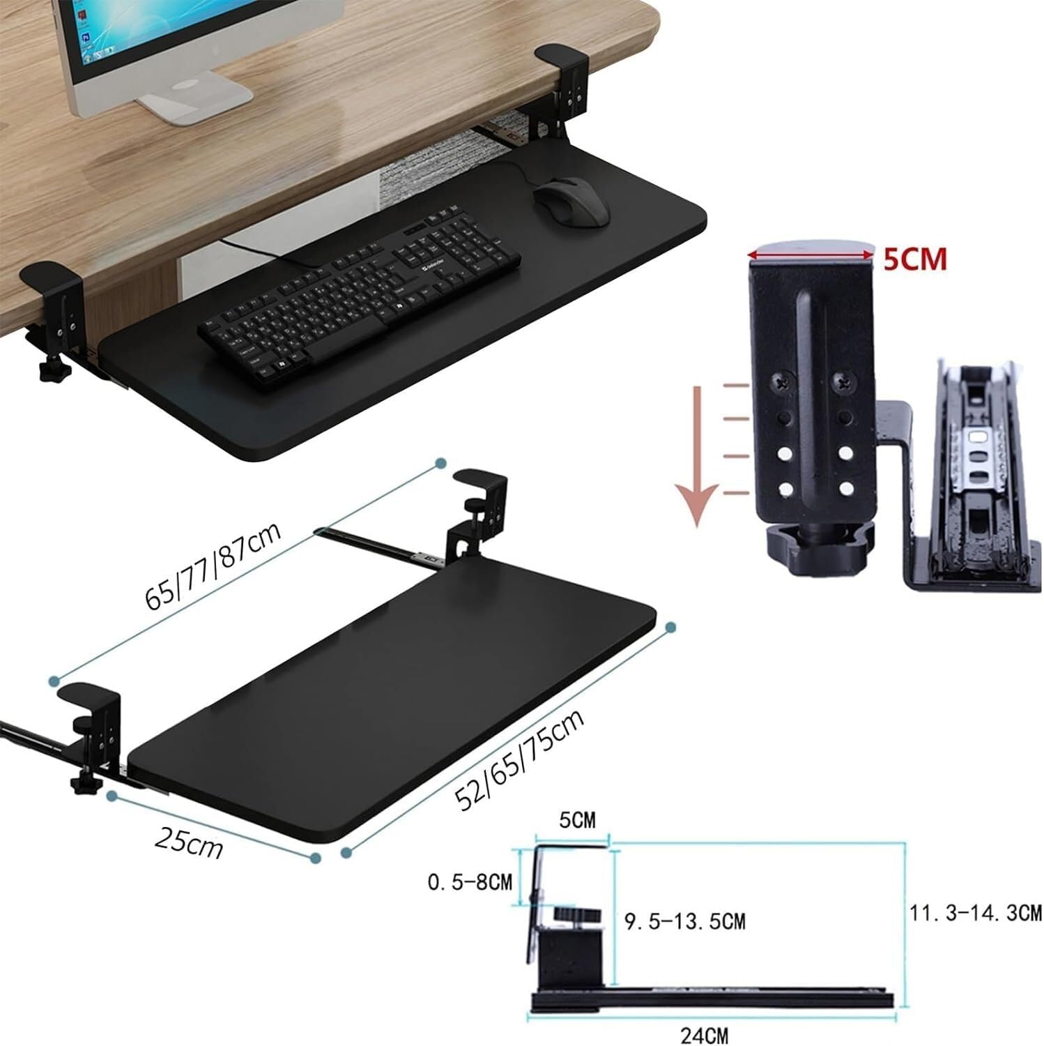 人間工学に基づいた木製デスク下キーボードトレイ 52/65/75 x 25 cm 高さ調節可能 スムーズな滑り 4色展開 ホームオフ