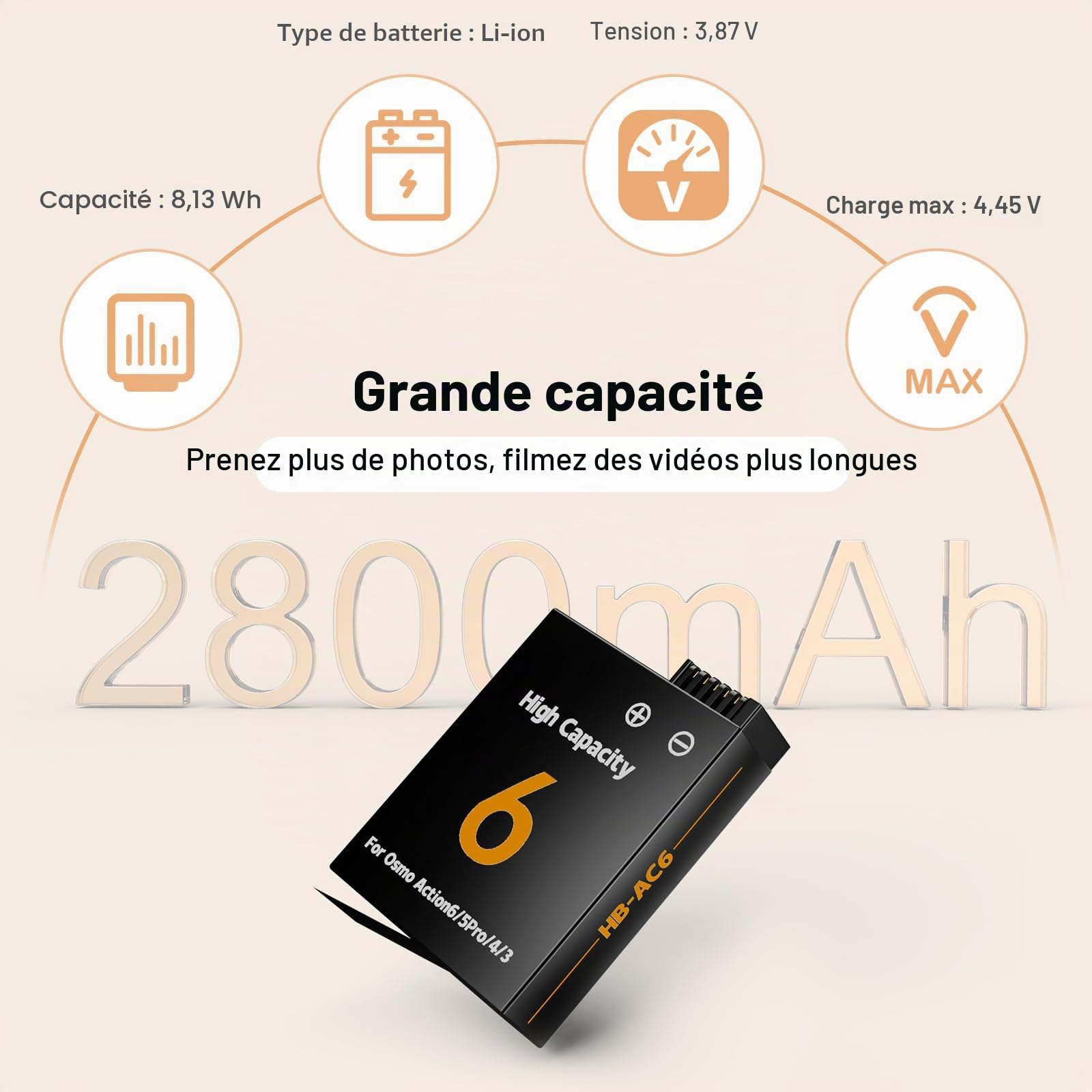 Lot de 3 batteries de rechange 2800 mAh compatibles avec les caméras DJI Osmo Action 6/5 Pro/4/3/Osmo 360 avec station de charge de batterie de type C à 3 canaux