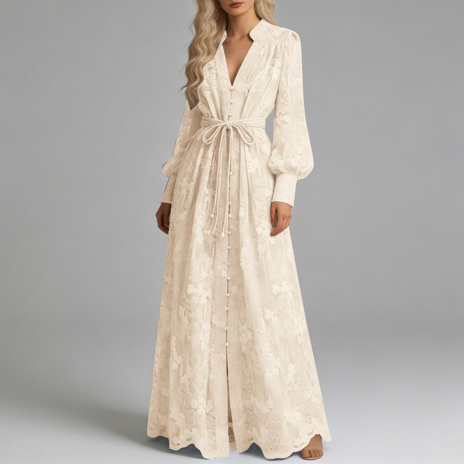 Abendkleid Damen Langarm Kleid Herbst Maxikleid V-Ausschnitt Puff Plissee Freizeitkleid Hohe Taille Elegant Hochzeitsgast Cocktail Langes Kleider Party A-Linie Winterkleid