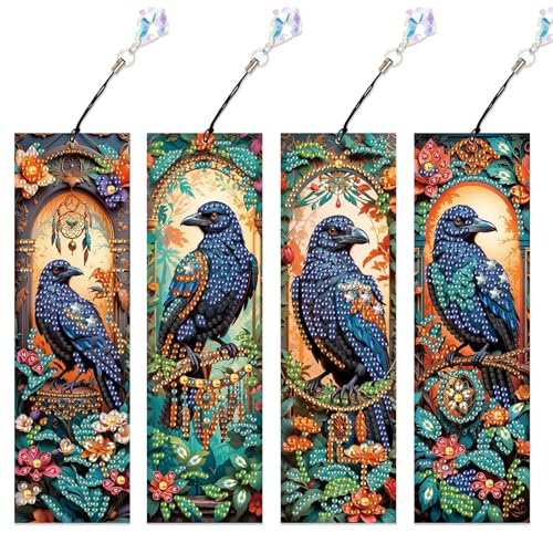 Image of 4-Piece Diamond Painting Bookmarks Set for Adults - DIY 5D Rhinestone Art Bookmarks with Tassels, Crow Design Diamond Art Bookmarks for Crafts and Gifts, Ideal Gift for Book Lovers