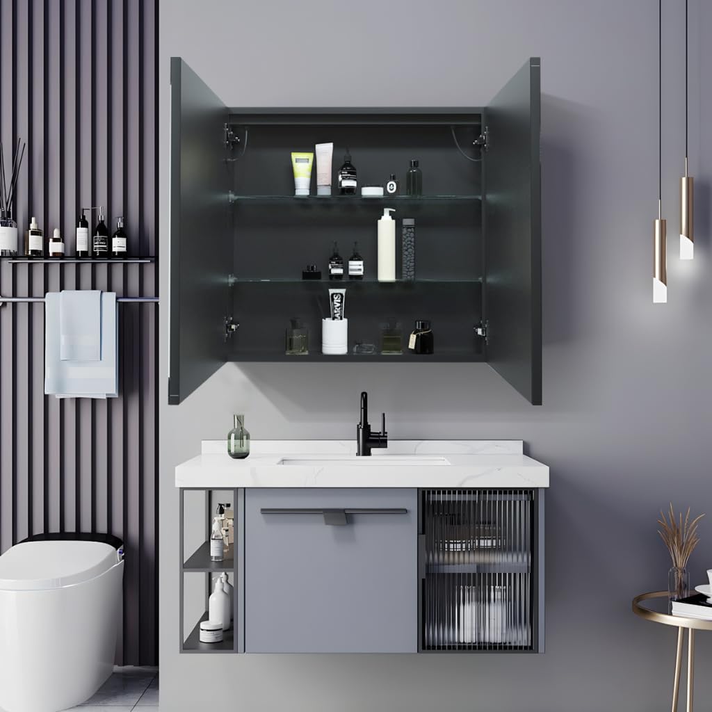 SensaHome Szafka z lustrem z oświetleniem LED - Szafka łazienkowa - 3 kolory LED - 60x65cm