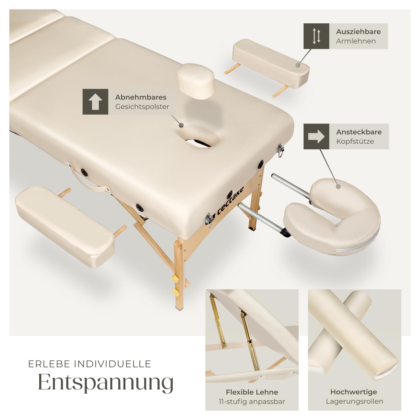 tectake® Mobile Massageliege mit 3 Zonen, klappbar, mit 7,5 cm Polsterung, bis 250 kg belastbar, Massagebank mit Zubehör Tasche, Voll- und Halbrolle, mobiles Möbel für Massage - beige