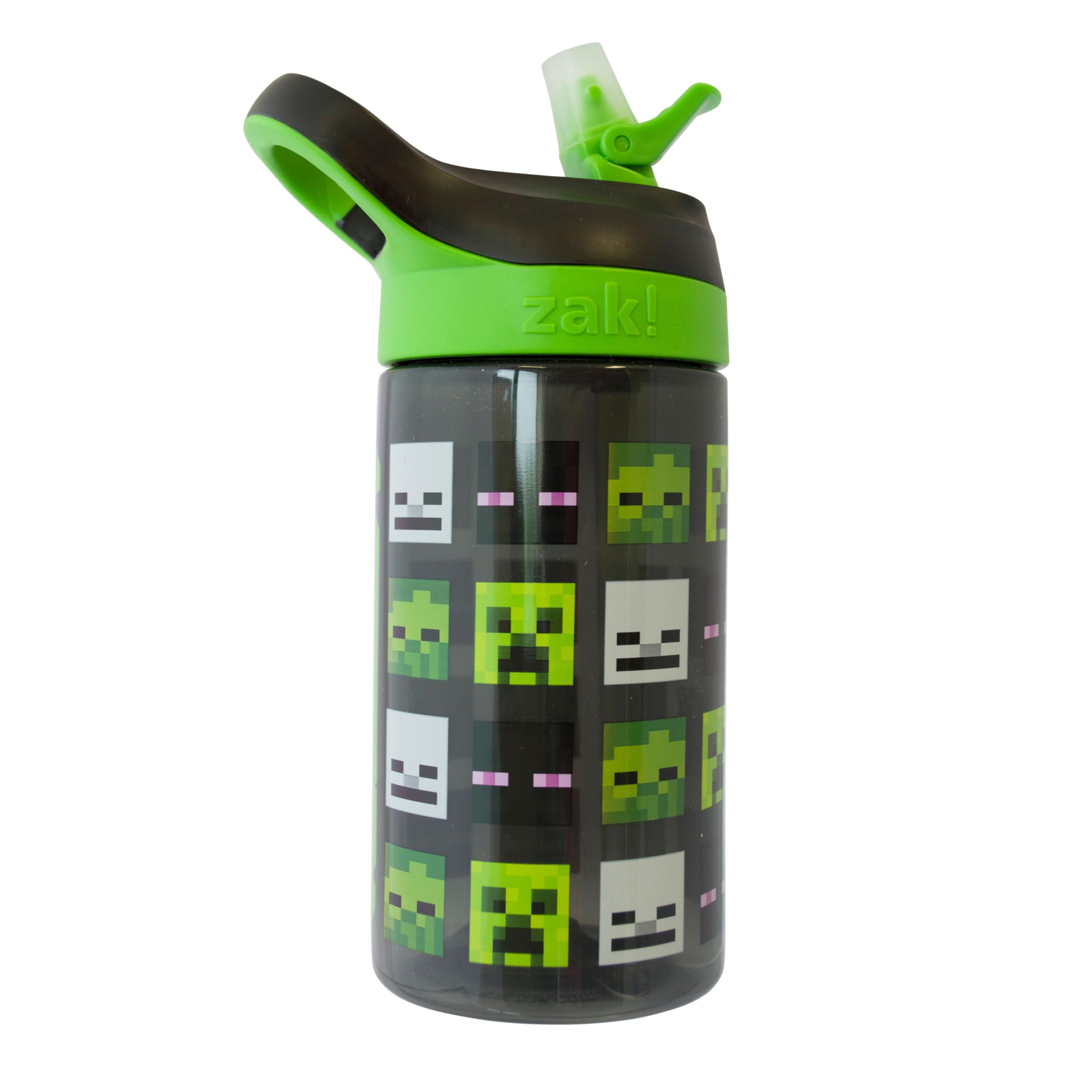 Minecraft Green/Black Kids Water Bottle 450Ml With Flip Spout Straw, Leakproof School Drinks Bottle, Bpa Free Travel Bottle With Creeper Enderman Zombie Design, Zak!