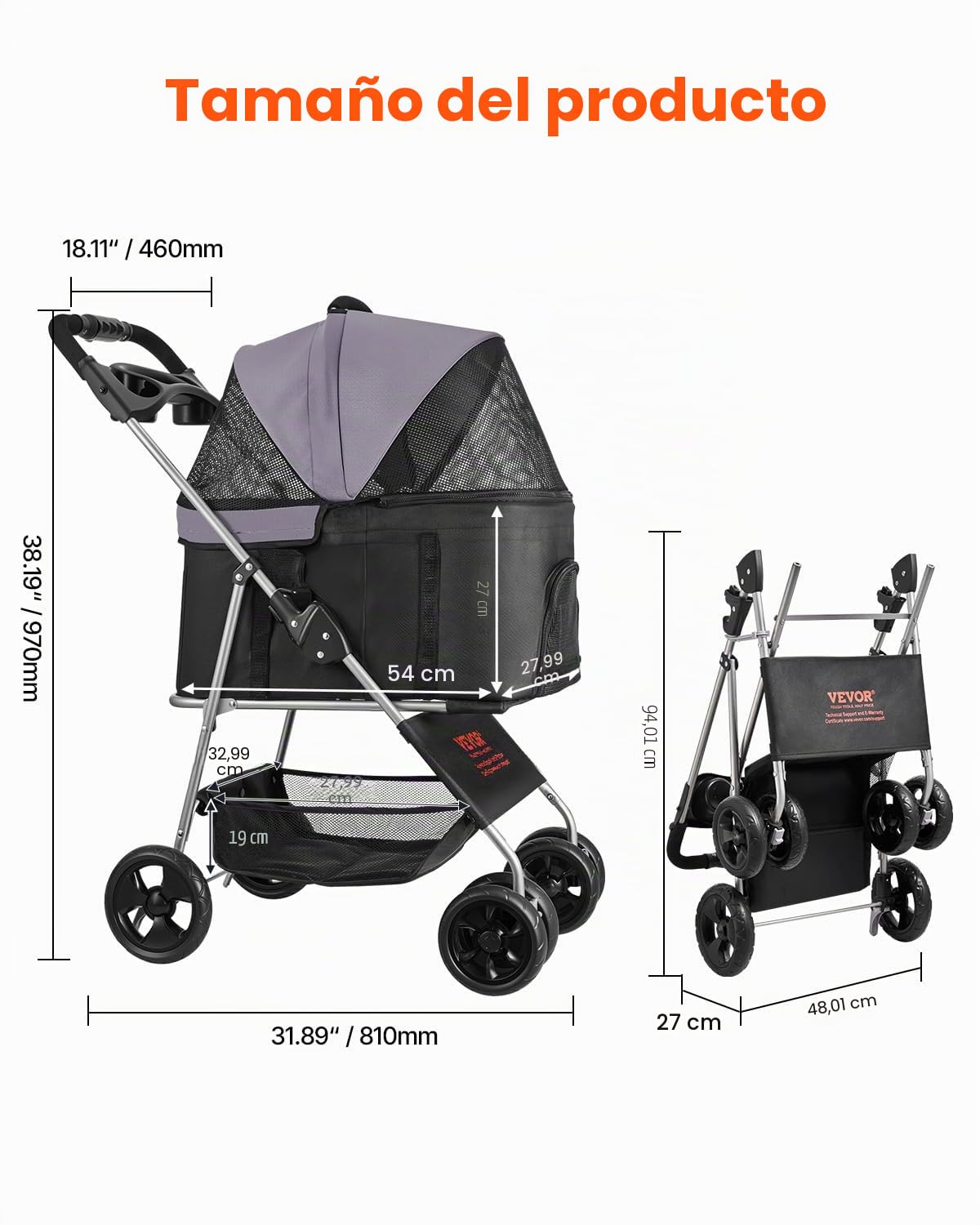 VEVOR Cochecito para Mascotas Capacidad de 16 kg Carrito Plegable para Perros de 4 Ruedas con Portabebés Desmontable Ventana de Malla Tela Oxford 600D con Freno para Mascotas Pequeñas Medianas