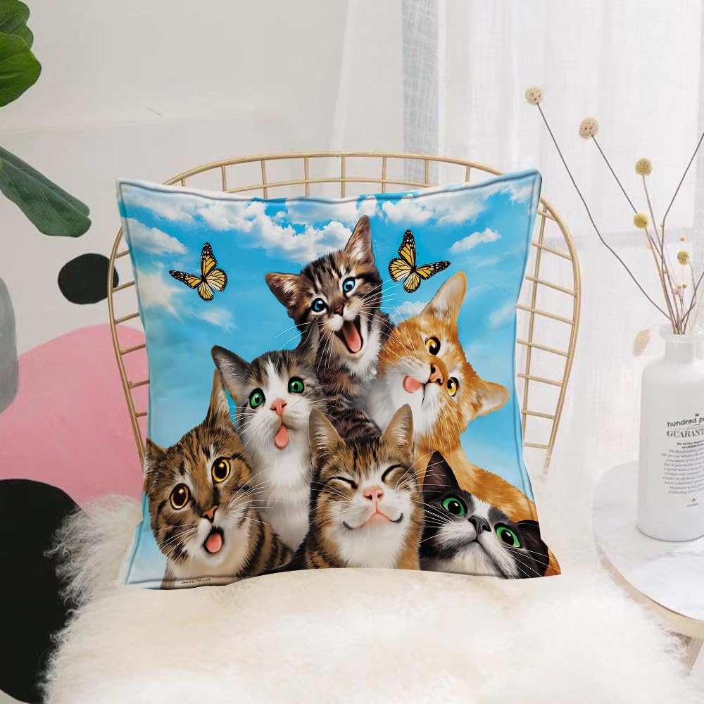 HYOSXW Cushion Cover,Throw Pillow Case Home Decorative for Living Room Bedroom Sofa Chair 16X16 Inch,Cute Cartoon Cat Family with Butterfly,Pillowcase 40X40cm