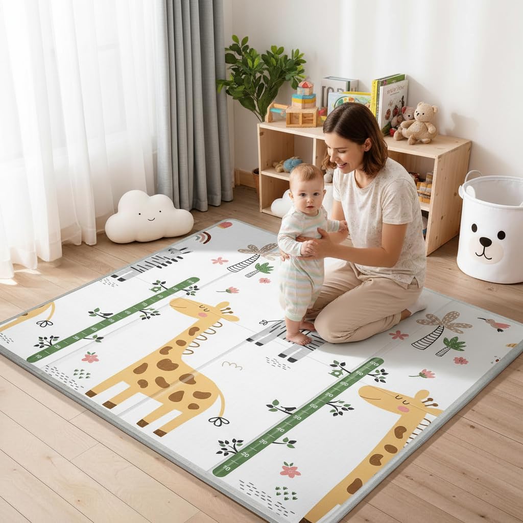 Baby Play Mat,Foldable Baby Floor Mat, 0.8"Thick Baby Play Mats for Floor, Reversible&Non-Slip Crawling Mat for Infants and Toddlers, 59"x59" Playpen Mat,Giraffe Play Mat for Babies 6-12 Months