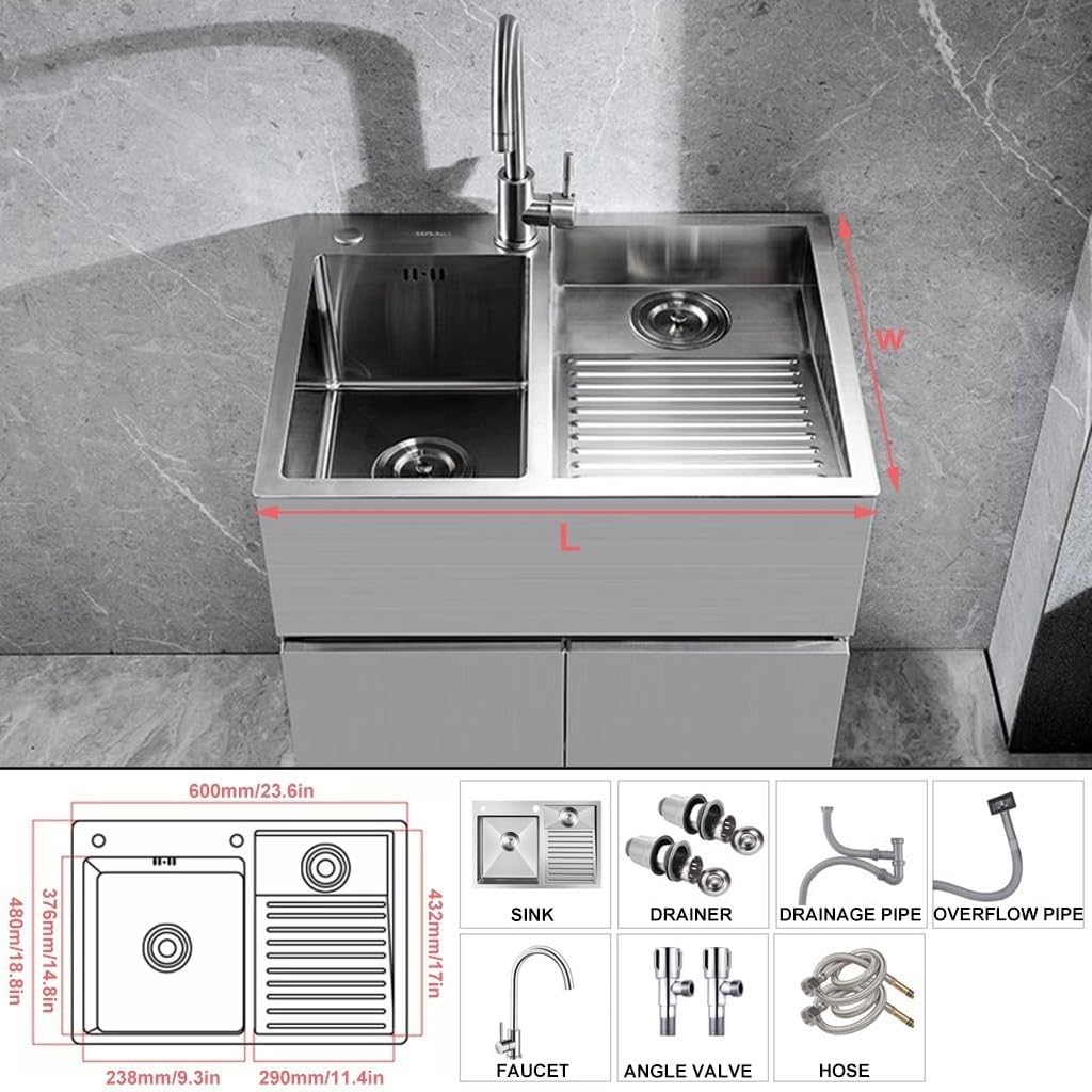 SUS304 Stainless Steel Kitchen Sink With Washboard Multifunctional Bar Sink Household RV Sink With Large Bend Faucet For Laundry Room Garage Basement Outdoor And Indoor ( Color : Silver , Size : 60x48