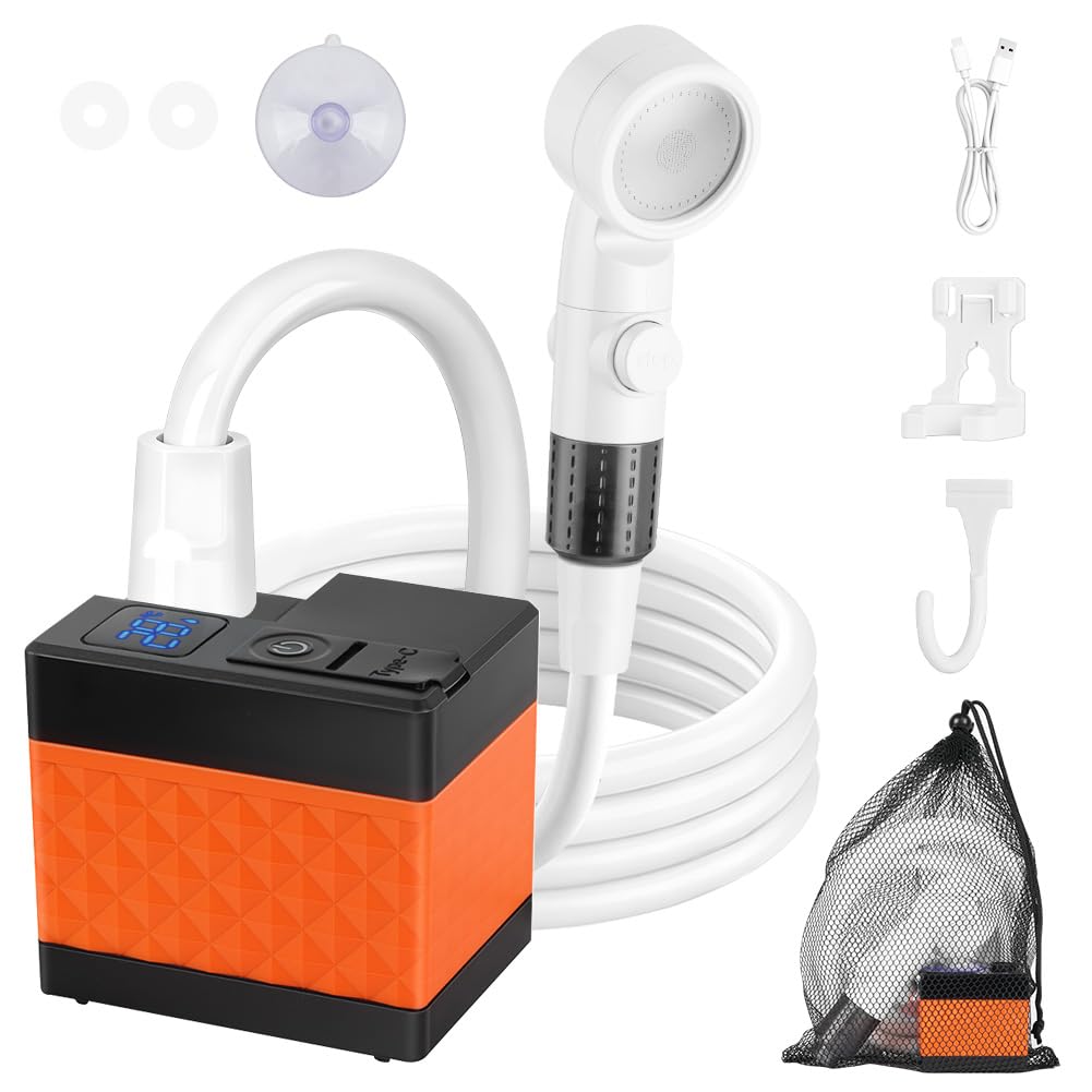 Doccia da Campeggio, Doccia Portatile Ricaricabile, kit di lavaggio impermeabile ricaricabile, 6000 mAh Batteria, Tubo 2 m, 3 modalità di spruzzo regolabile per Spiaggia, Auto, Animali, Giardino