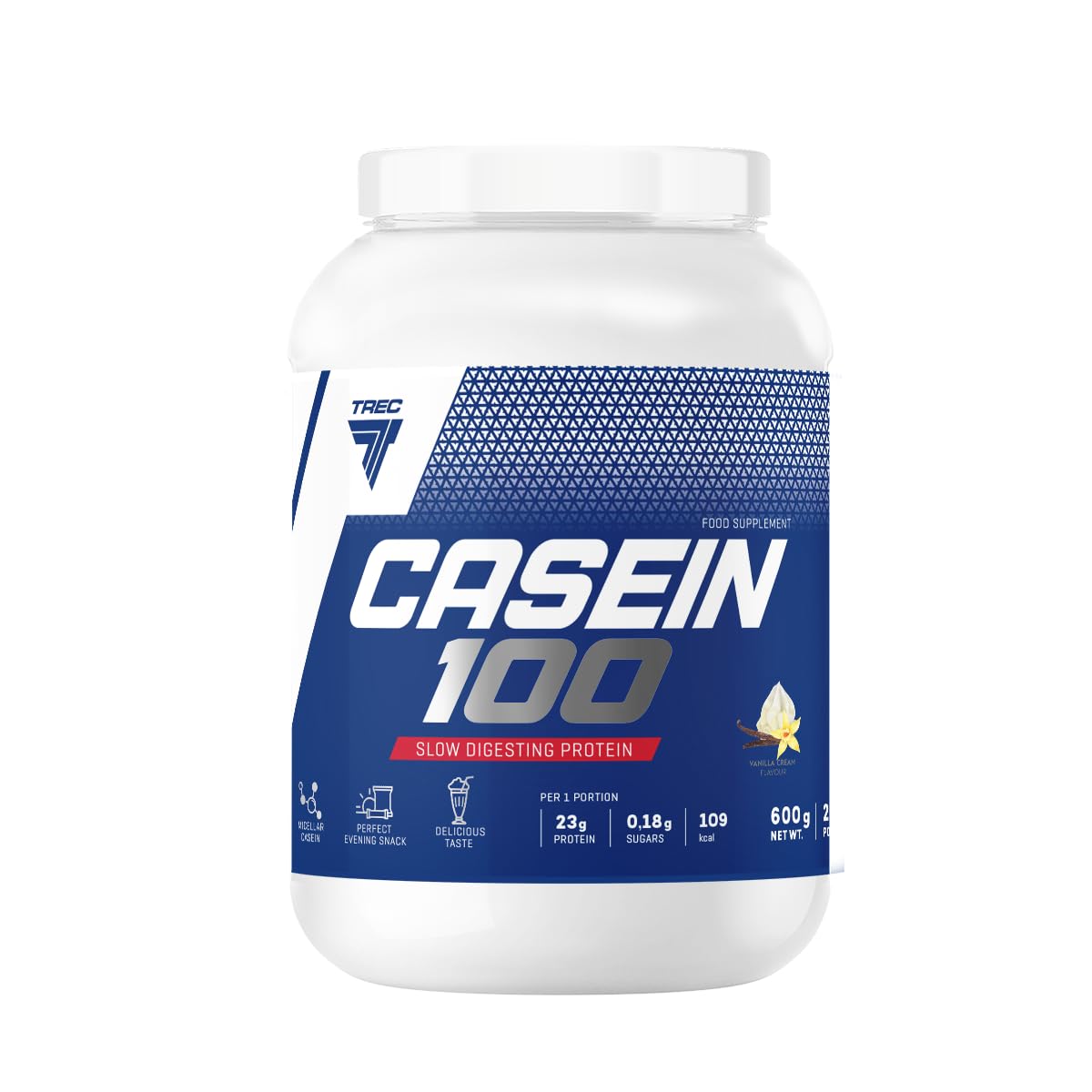 Trec Nutrition - CASEIN 100 - Frei absorbierbares mizellares Casein-Proteinpulver, vor dem Schlafengehen eingenommen, EAA-Aminosäuren, geringer Zuckergehalt, 600g JAR, CREAMY-VANILLA