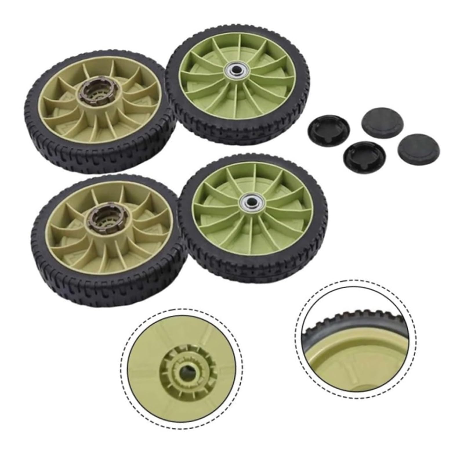 Juego de ruedas delanteras y traseras de 200 mm for modelos HR214, HRU214, HRU215, HRU216D y HRU196 con cubiertas de rueda, repuesto de rueda for cortacésped.