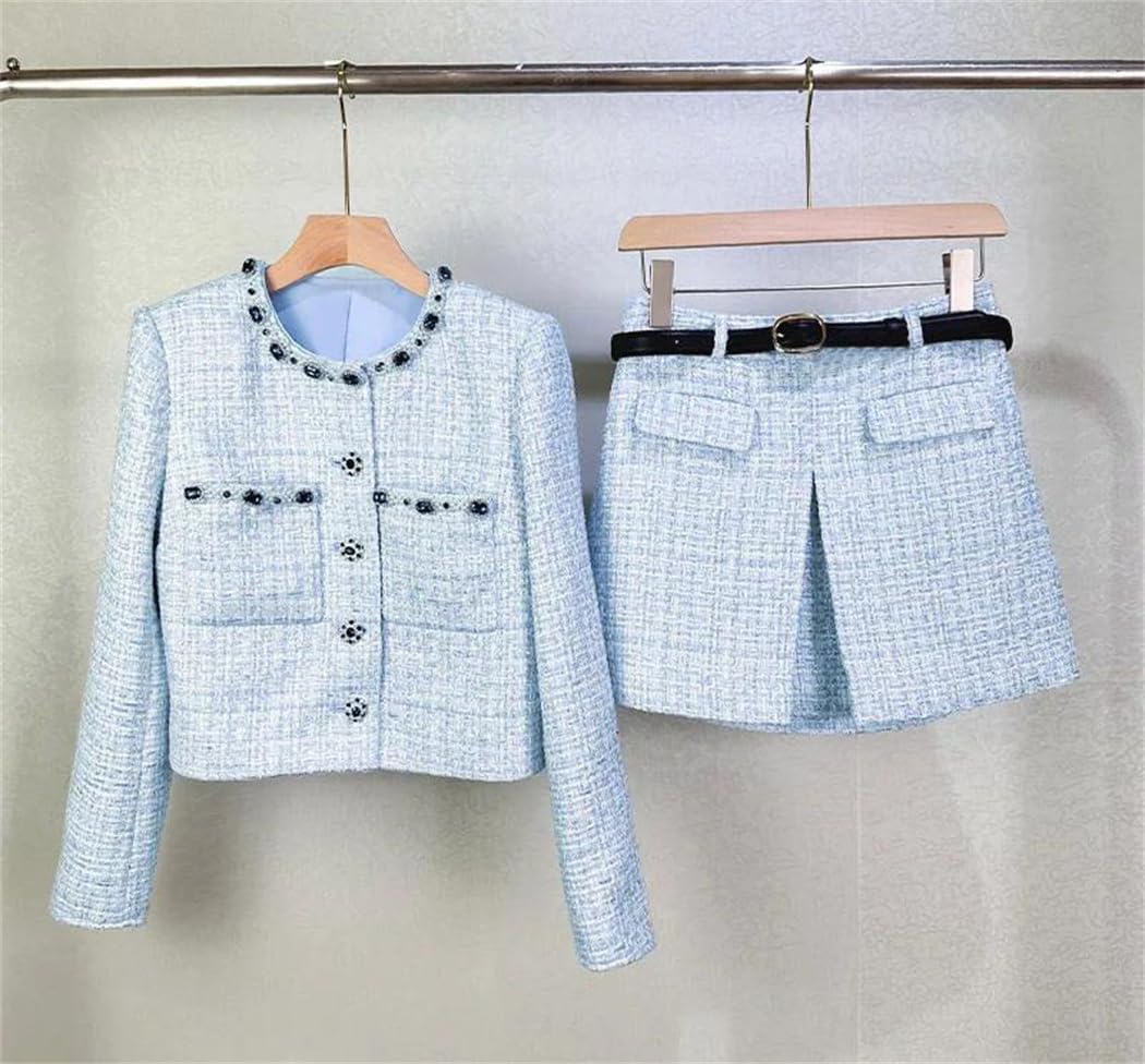 Women's Luxury Crystal Tweed 2 Piece Set Elegant Jacket with Coat and A-Line Skirt Office Lady Retro Outfit
