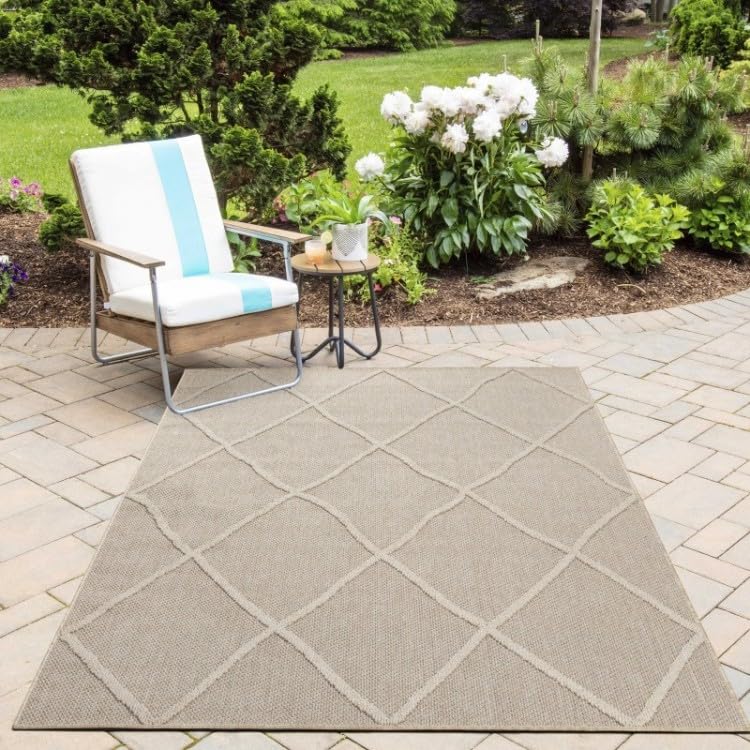 Tapis d'extérieur lavable beige 240x340 cm résistant aux UV et intempéries de balcon
