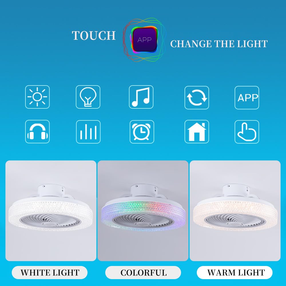 Ventilatore da soffitto bianco con altoparlante Bluetooth e luce integrata, senza pale, con luce LED a colori variabili, piccolo, moderno e lucido, da incasso per camera da letto, con timer e 6 veloc