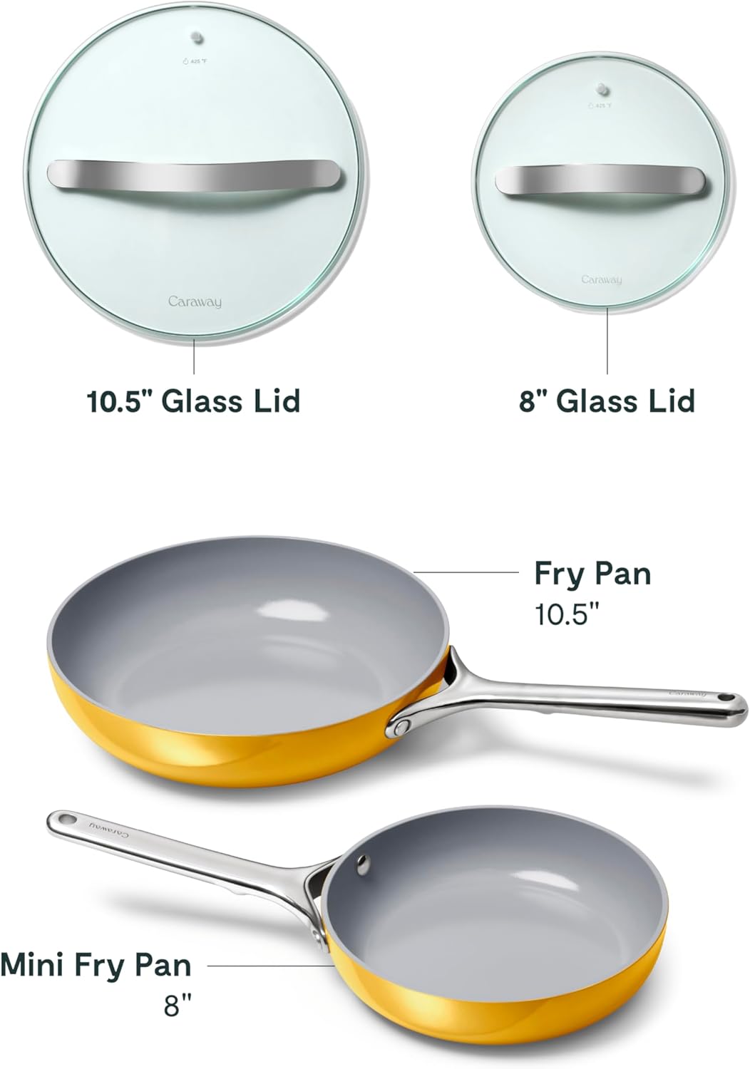 Caraway Ceramic Fry Pan Duo with Glass Lids - Non-Stick Frying Pans (10.5” & 8”) - Non Toxic, PTFE & PFOA Free - Oven Safe & Compatible with All Stovetops – Marigold - Image 3