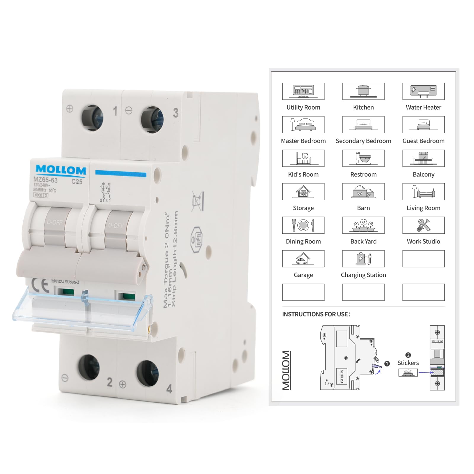 MOLLOM AC 2 Pole Miniature Circuit Breaker, 110V-240V 25Amps, C25 Scene Visualization Custom MCB Thermal Magnetic Trip, 6KA Breaking Capacity for Solar AC System, Home Use, RVs