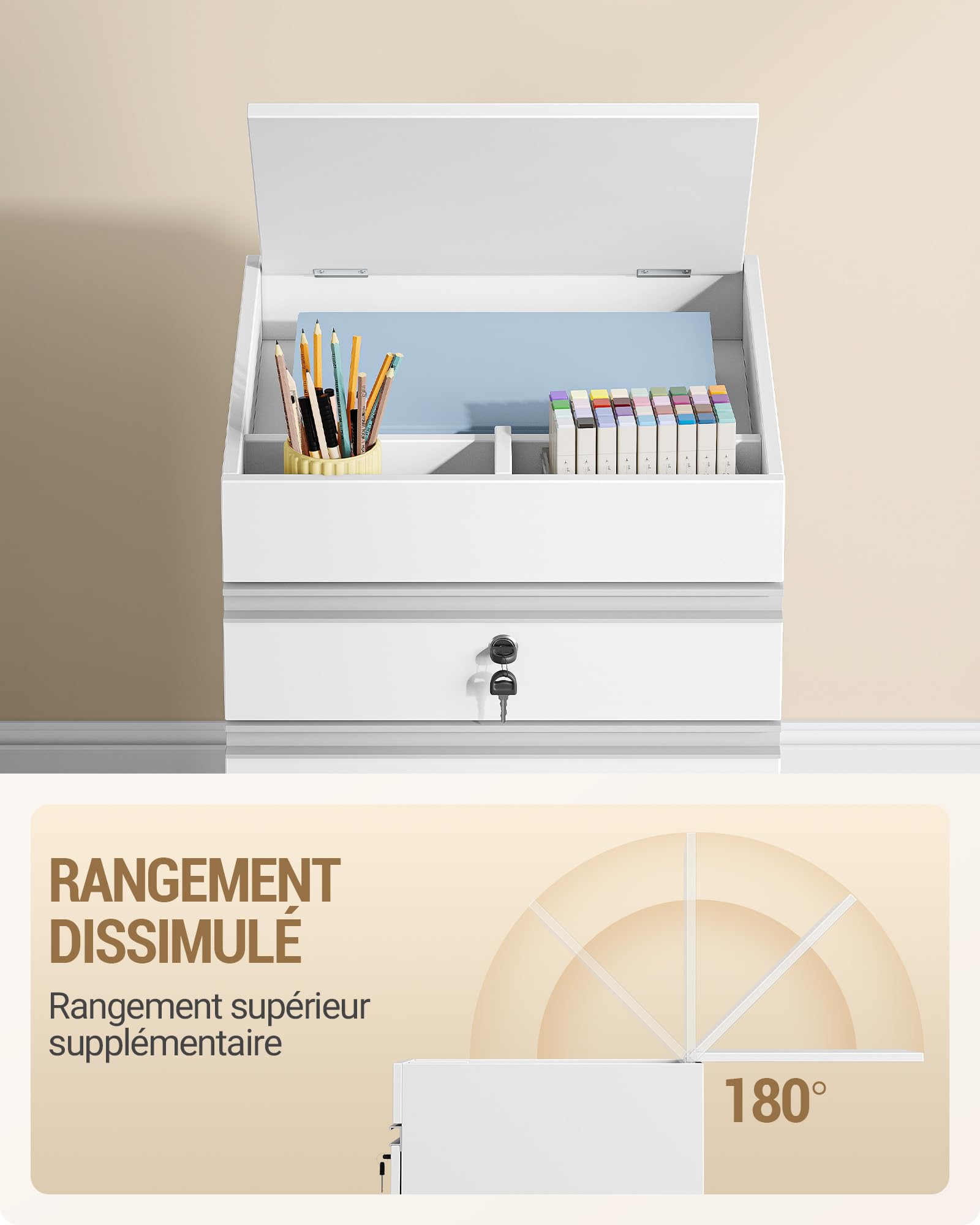 Hzuaneri Caisson 40x40x70cm 3 tiroirs verrouillable Blanc | Roulettes, verrouillage central, rangement A4/Lettre. Idéal pour bureau et home office. 40x40x70cm. Réf. FC41003XV1.