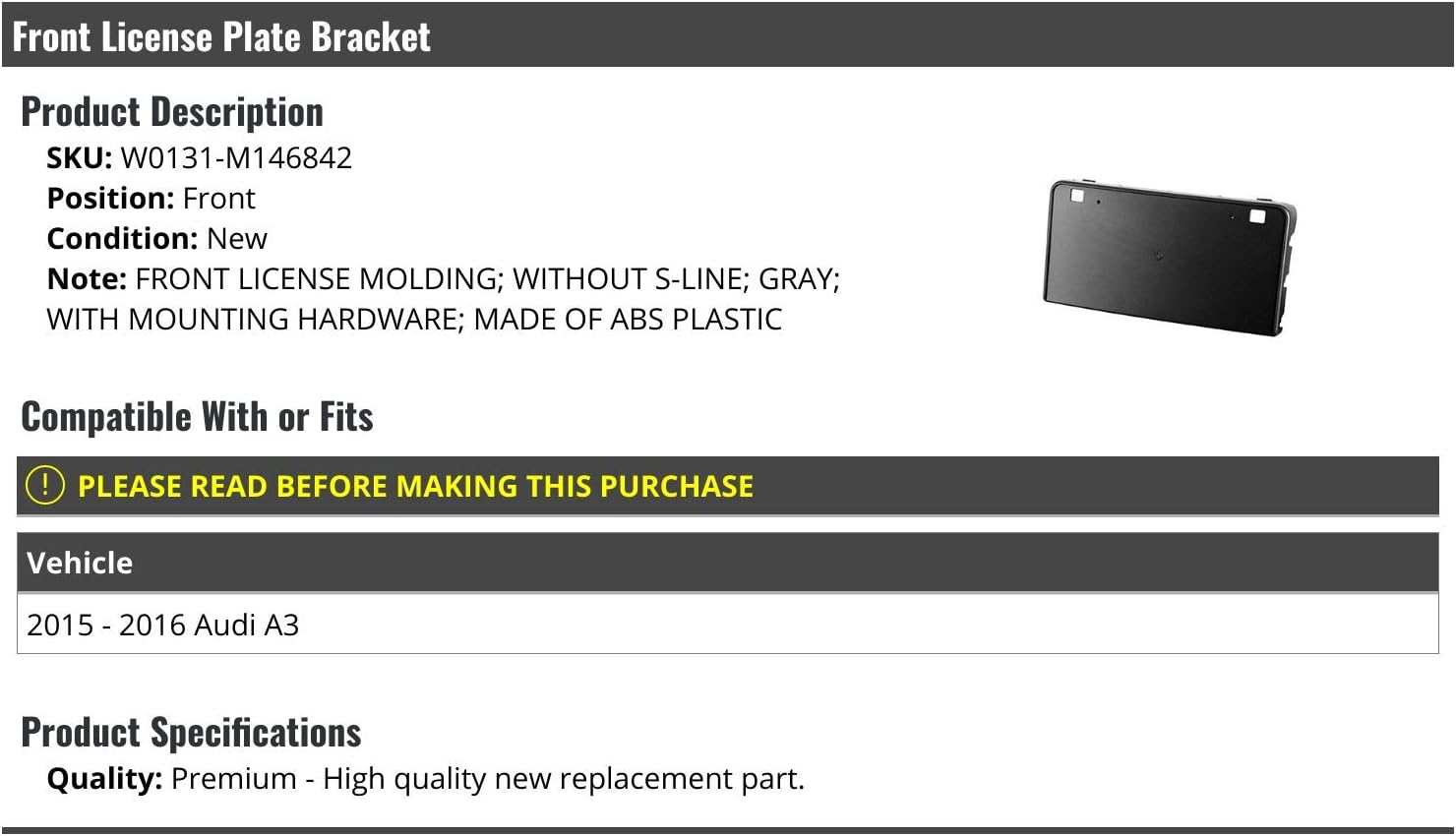 Front License Plate Bracket - Gray - Compatible with 2015-2016 Audi A3 (without S-Line)
