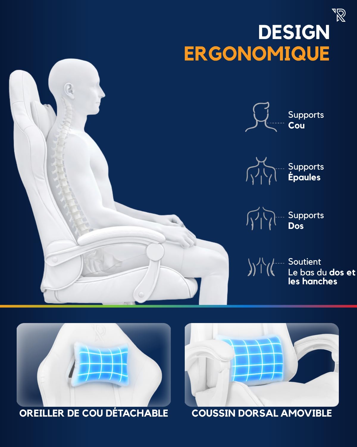 Apollo Chaise Gaming Ergonomique Similicuir Noir avec Dossier Réglable 90-135°, Accoudoirs, Soutiens Lombaire et Cervical, Pivotement 360°, Confort Durable et Abordable, Blanc