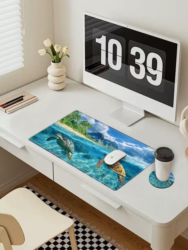 Image of Gaming Mouse Pad Sea Turtle Mousepad 24x12 Inch Desk Mat XL Long Desk Pad Non-Slip Rubber Base Computer Mat with Stitched Edges for Office Work Home Game