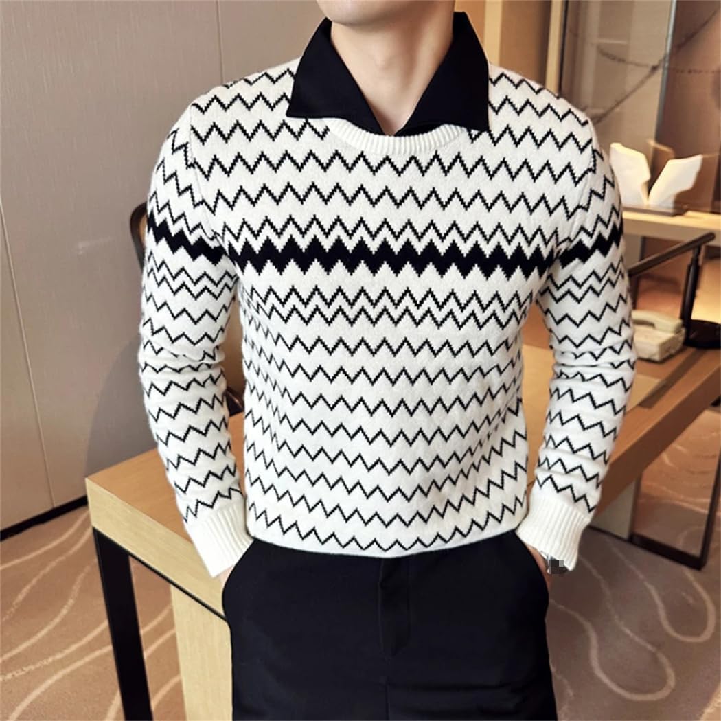 [Dvbfufv] 秋冬ニットセーターメンズファッションストライプジャカードニットプルオーバーセーターカジュアルビジネスセーター