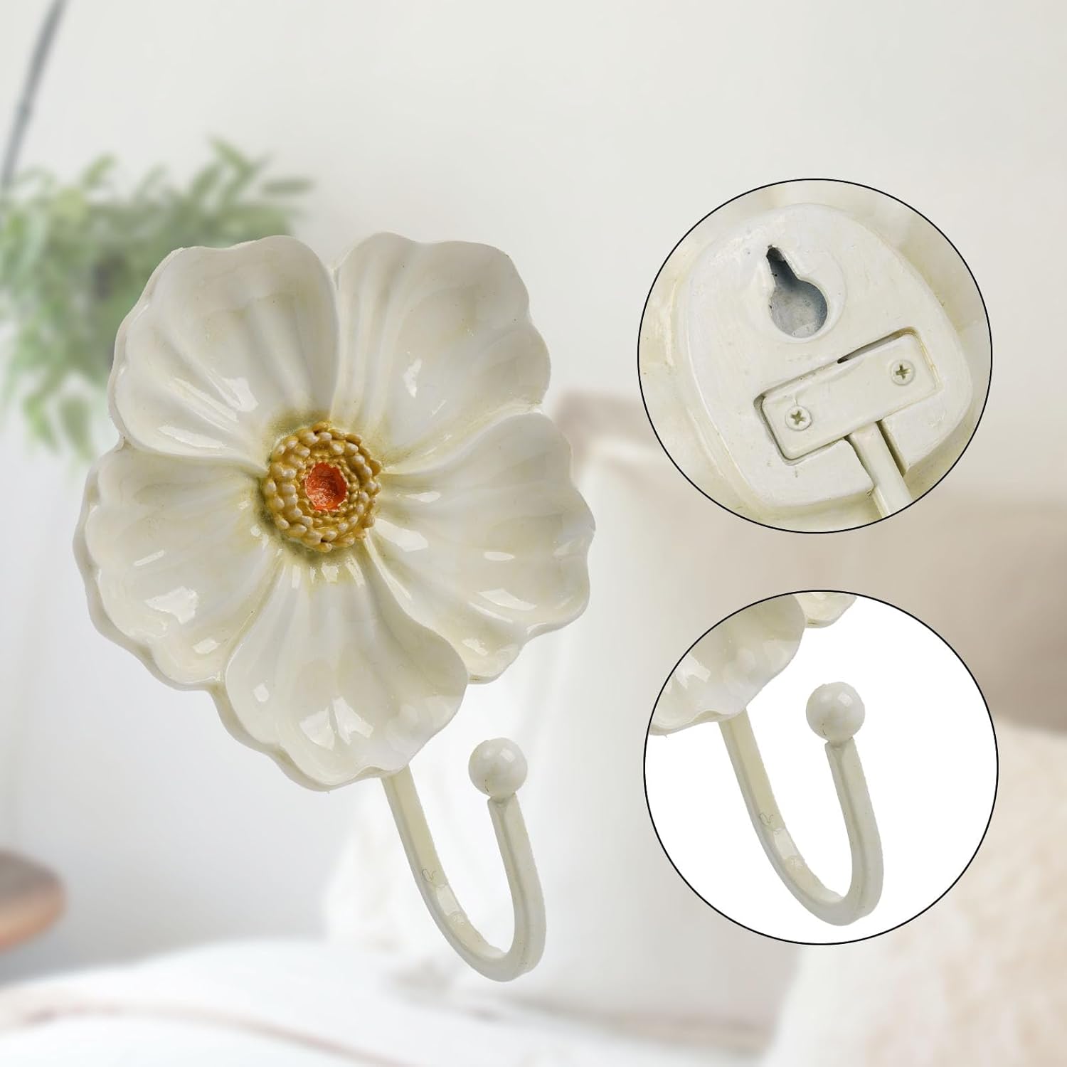 Guichifun Flower Coat Hooks Wall Decor - 2pcs Resin White Decorative Wall Hooks for Hanging Clothes Coats Towels Keys Bags Hats Bathroom Home Decoration Gift 4.3 x 2.2 x 6 Inch