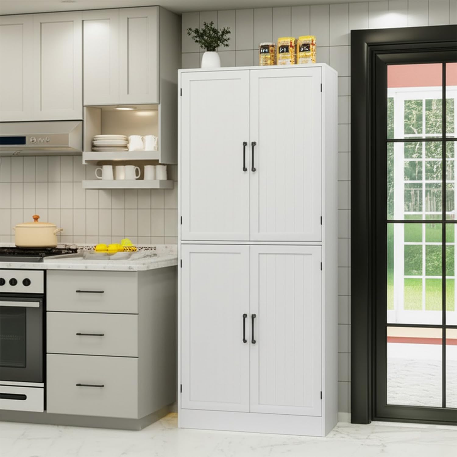 MHOM 71" Farmhouse Pantry Cabinet, Tall Storage Cabinet with 4 Doors and Adjustable Shelves, Freestanding Pantry for Dining Room, Kitchen, and Living Room, Black