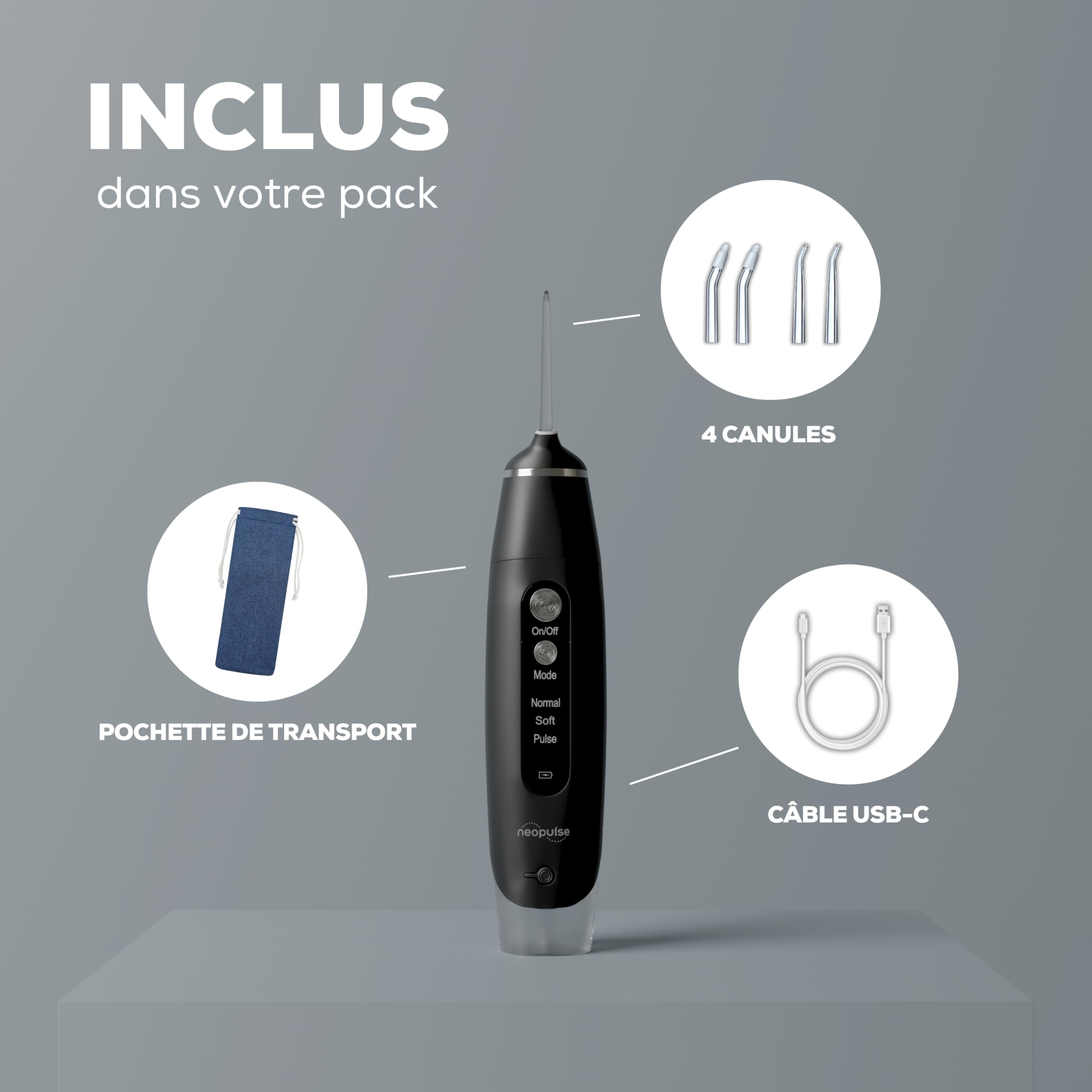 NEOPULSE MY FIRST® – Jet Dentaire Hydropulseur Irrigateur Oral Compact – 3 Modes – 4 embouts - Idéal Débutants & Gencives Sensibles – Transportable et Pratique pour le voyage - Réservoir 165ML - Noir