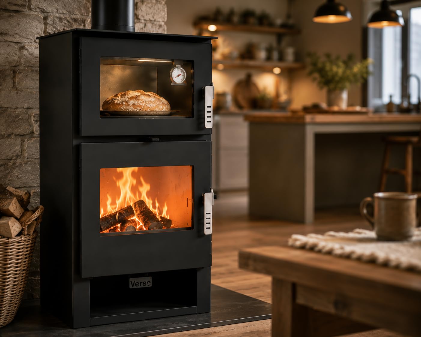 Verso F - Estufa de leña con estufa de acero inoxidable de 9 kW, 81,2% de alta eficiencia, chimenea de cocina y calefacción, horno de acero inoxidable con termómetro, placa superior de acero (sin