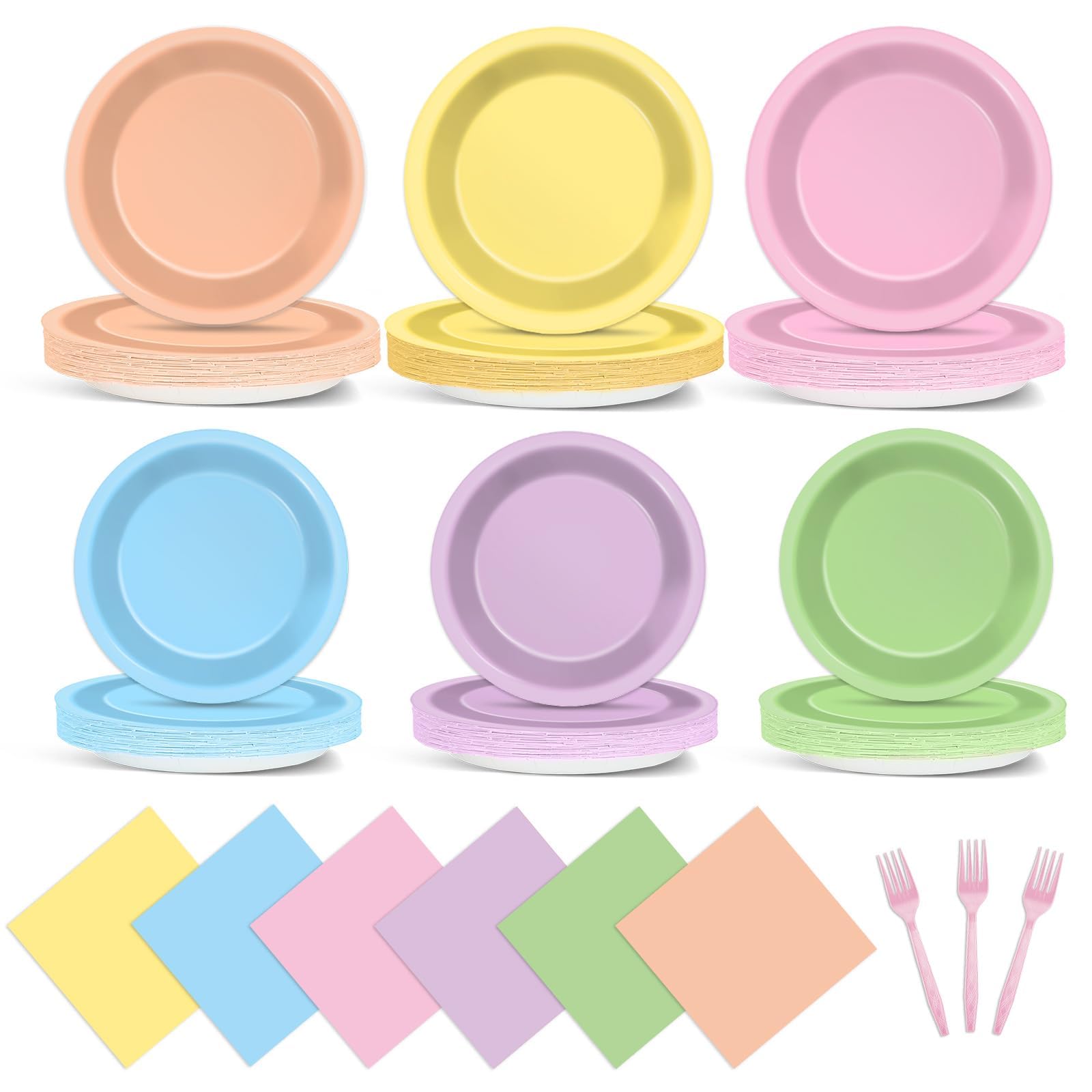 ojustbeok 96 Pcs Pastel Party Supplies Paper Plates Pastel Plates and Napkins Disposable Rainbow Party Decorations for Birthday Wedding Baby Shower