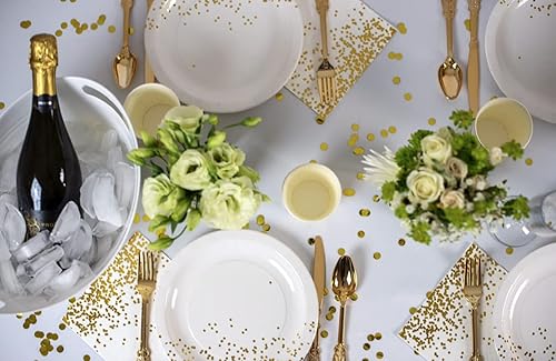 Miniatura 3 de 50 platos de papel blanco y dorado de 7 pulgadas, platos de postre, platos desechables de Año Nuevo, 50 aniversario, Acción de Gracias, Navidad y