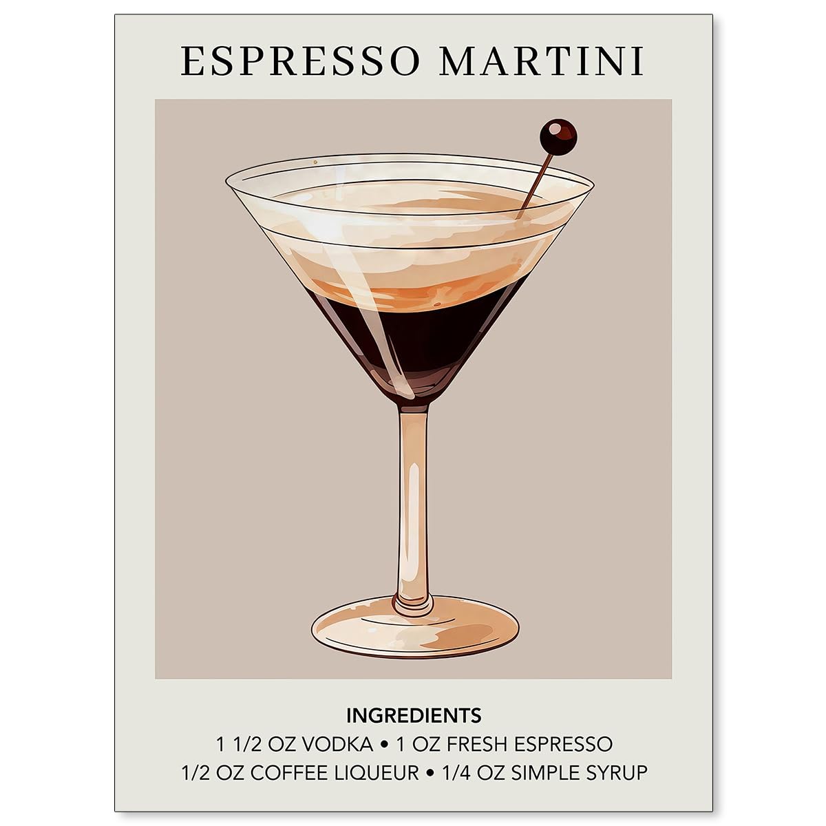 Heltrappe Funky Espresso Coffee Poster Minimalist Cocktail Wall Art Martini Alcohol Ingredients Canvas Prints Trendy Bar Cart Wall Decor for Kitchen Bar 12X16 inch Unframed
