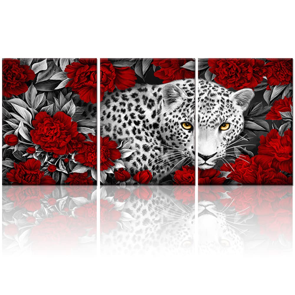 Kalormore3 Pieces Wildlife Animal Canvas Wall Art Black and White Burgundy Red Leopard with Yellow Eyes in Blossom Poeny Flowers Painting Picture Framed and Stretched Artwork for Modern Living Room