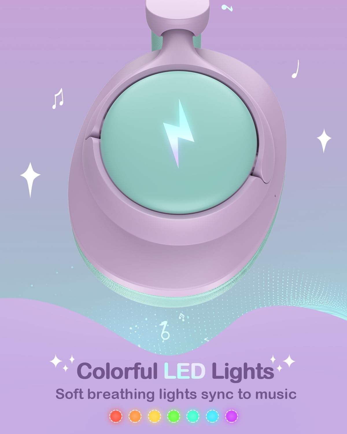 Hybrid Active Noise Cancelling Headphones for Kids, Wireless Bluetooth 6.0 Headset, 100H Playtime, Built-in Mic, Type-C Fast Charging, 94dBA Safe Volume, Colorful LED Lighting