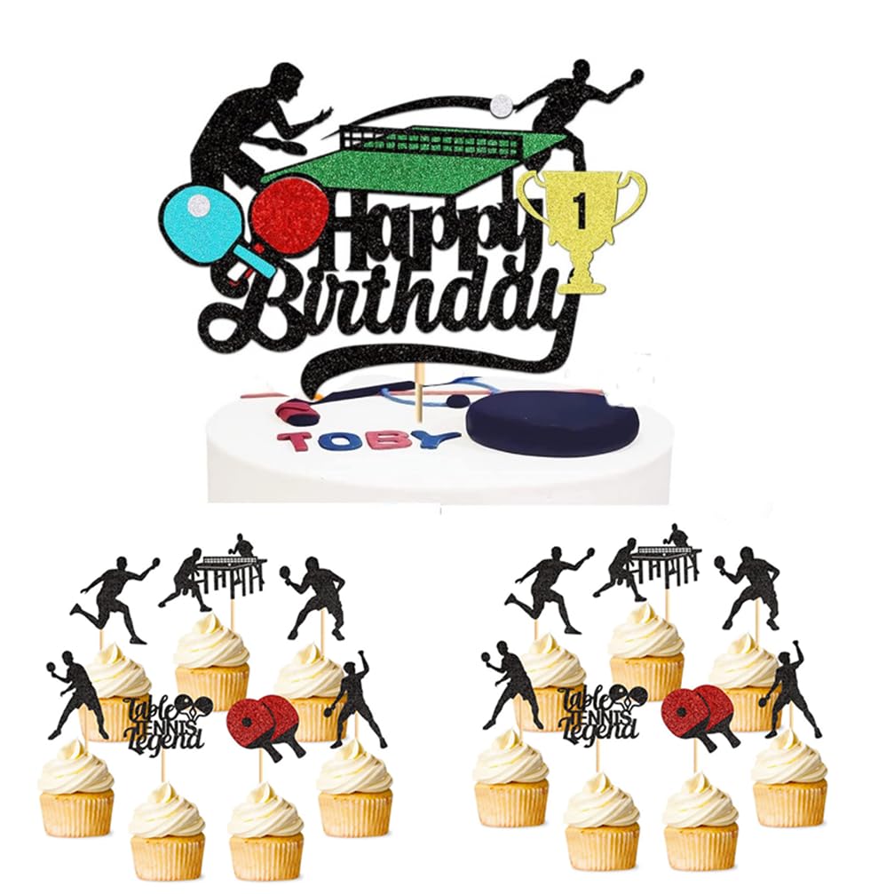 Houhounb Ping-Pong Themed Party Decoration Set Ping-Pong Cake Topper 1 Large Happy Birthday Cake Topper and 14Pcs Cake Topper Cupcake Picks for Ping PongThemed Birthday Party Decorations