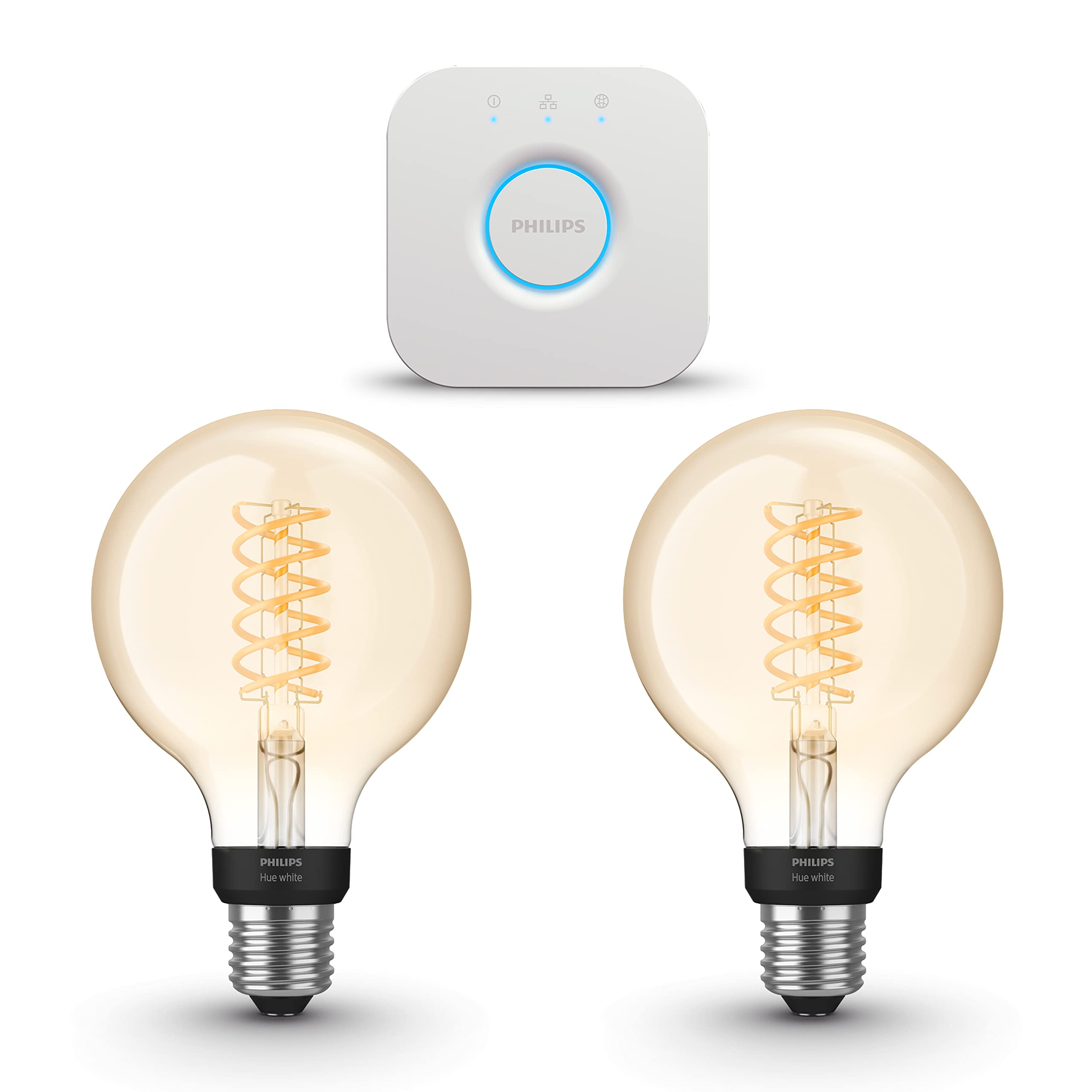 Philips Hue Starterpaket - E27 - mit 2 Filament Globe Lampen Klein (G93) - Warmweißes Licht - inkl. 1 Hue Bridge - Hue White Filament
