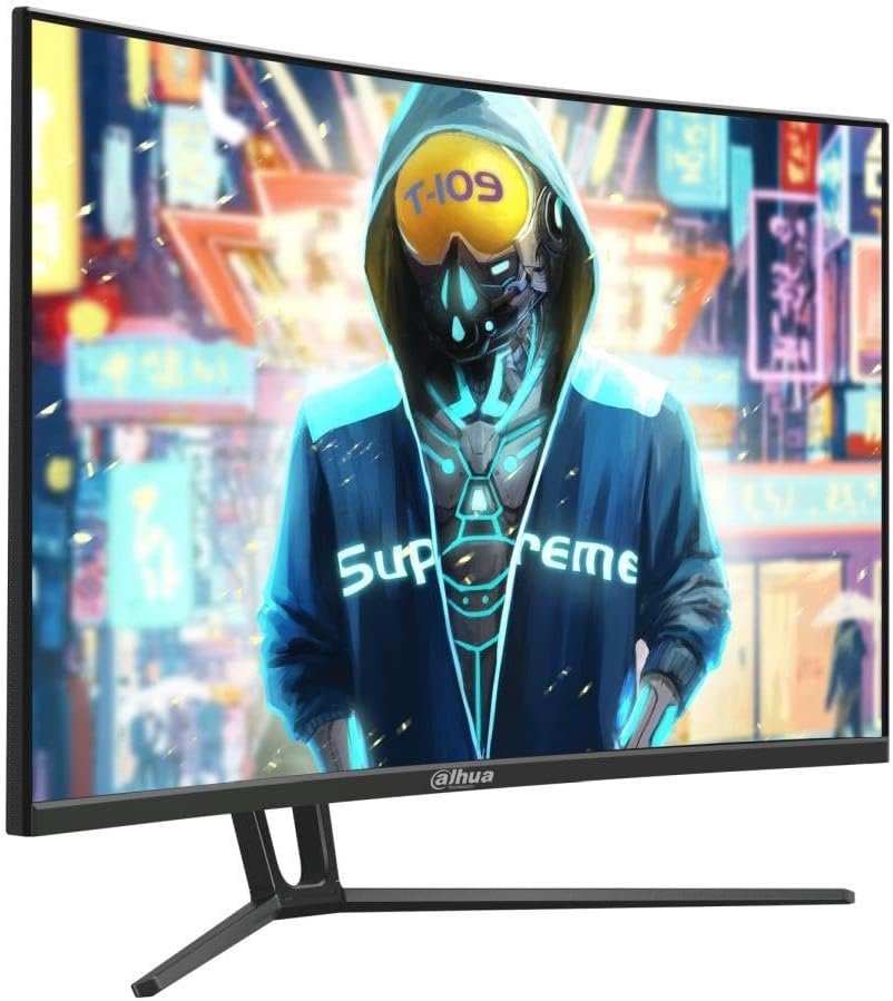 Frente view of the DAHUA 32-inch curved monitor displaying a vibrant digital art image.