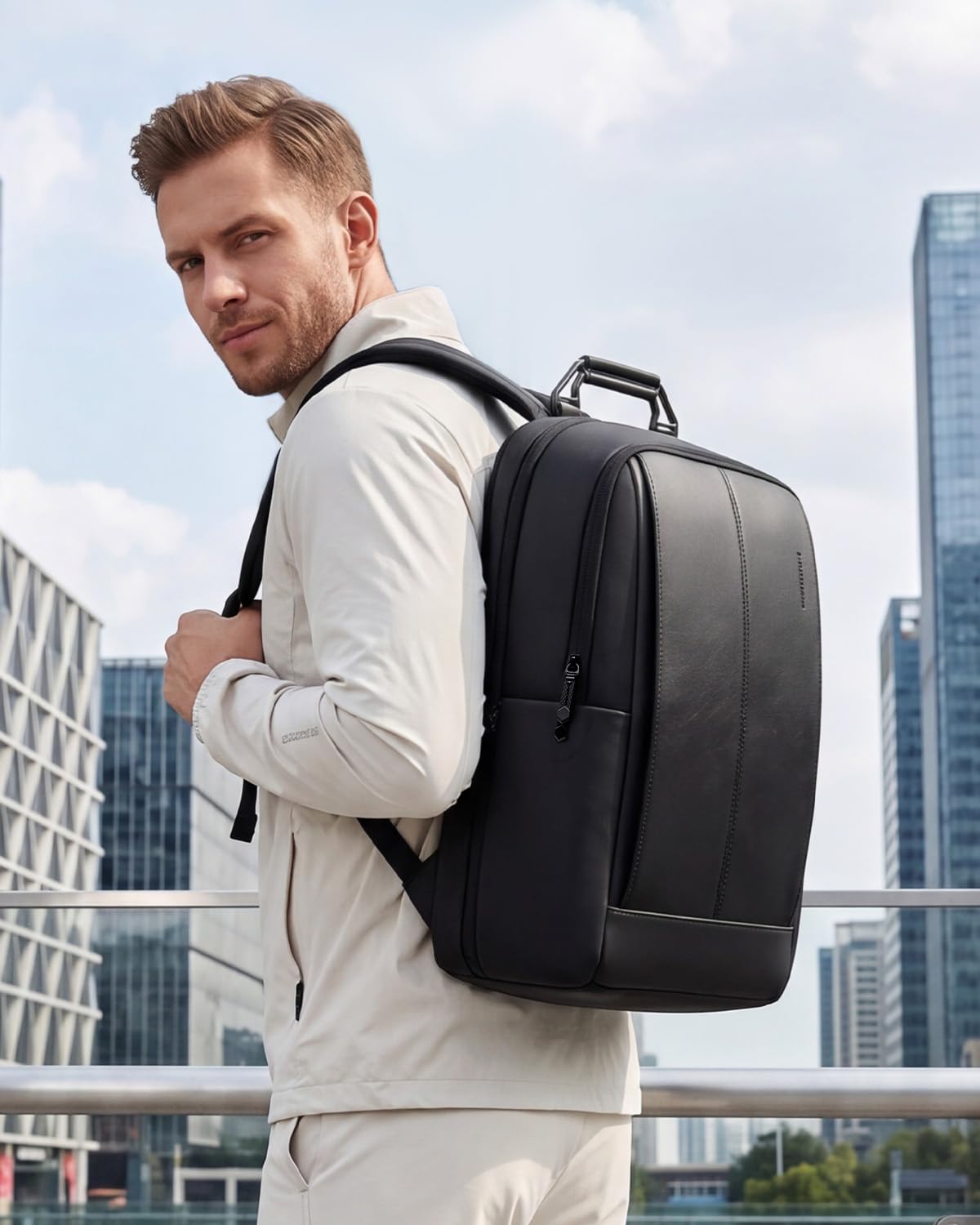 MARK RYDEN - Zaino da uomo, in pelle, impermeabile, 17 l | Zaino da uomo per laptop da 15,6 pollici, con manico in alluminio, ideale per viaggi d'affari e visite ai clienti