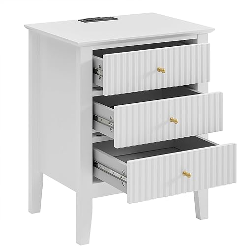 Miniatura 16 de OCANDO Mesita de noche negra acanalada de 19 pulgadas, 3 cajones, mesa auxiliar de cama para sala de estar pequeña, armario de almacenamiento Negro