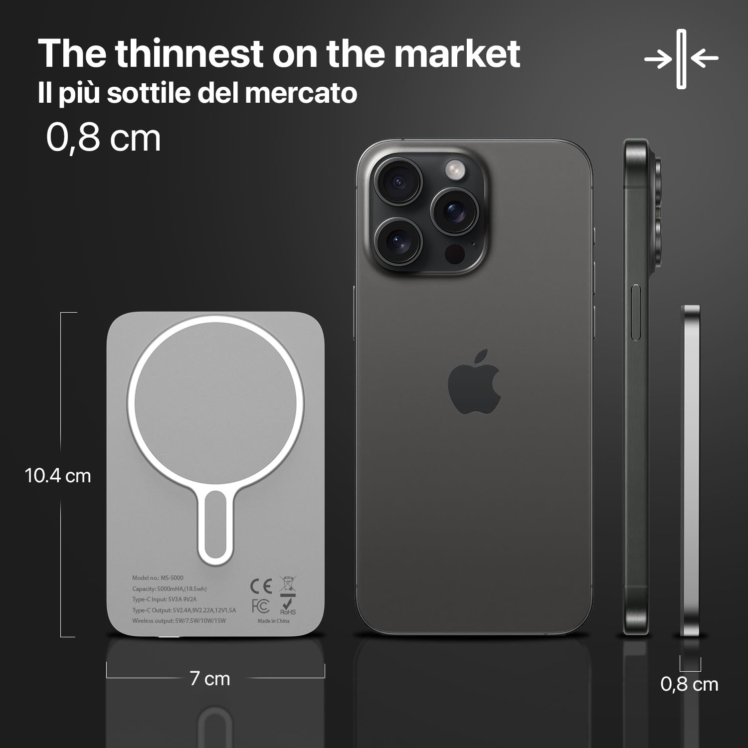 Cable Technologies MagPower powerbank magnétique sans Fil 5000mah PD20W USB-C Ultra Mince, Léger, Charge Rapide, Batterie Externe Power Bank Chargeur Portable Universel pour iPhone, Samsung, etc