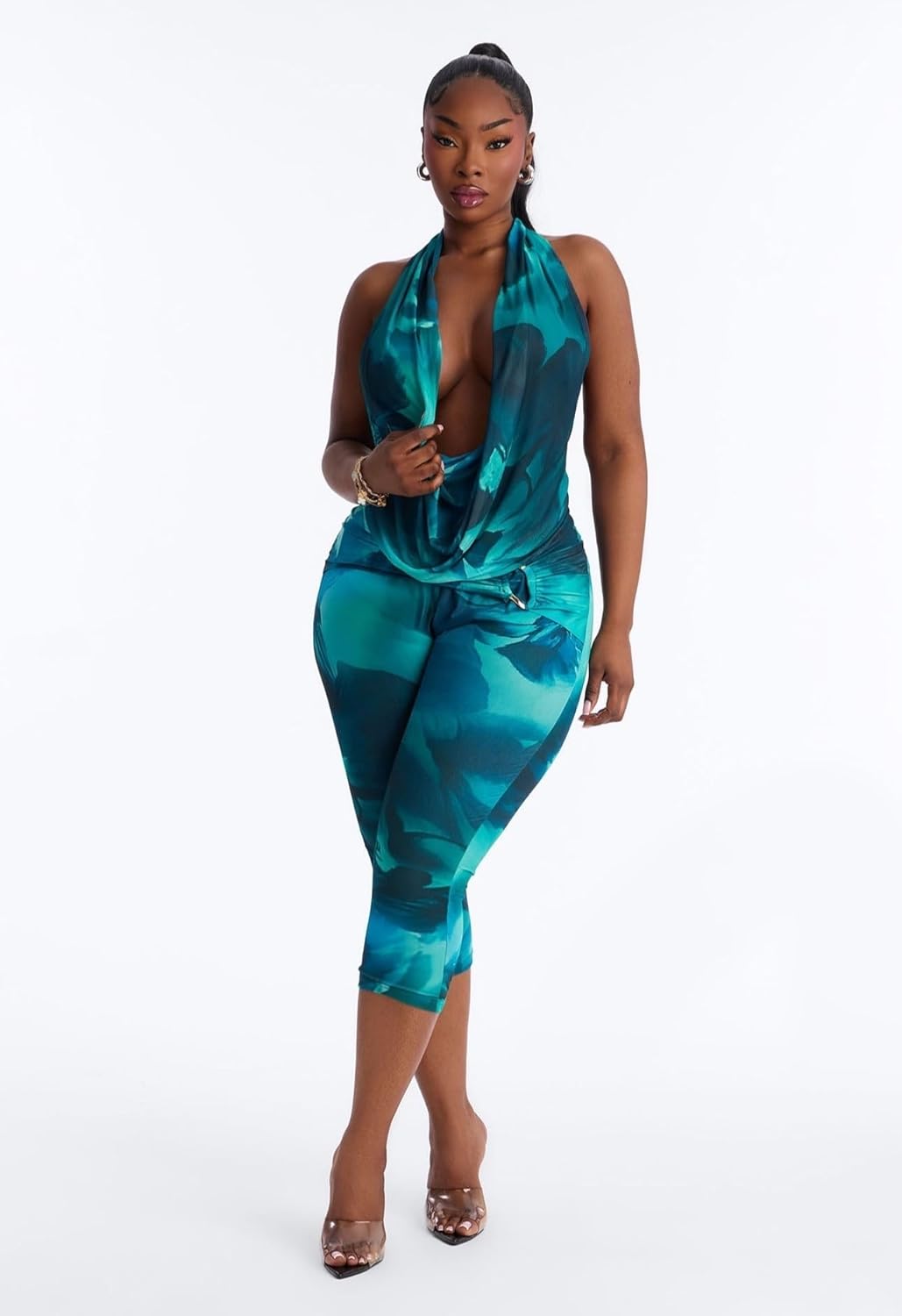 Women’s Capri Jumpsuit Open Back Halter Cowl Neck Crop Top Bodycon Pants One Piece Rompers Y2K Summer Vocation Outfits