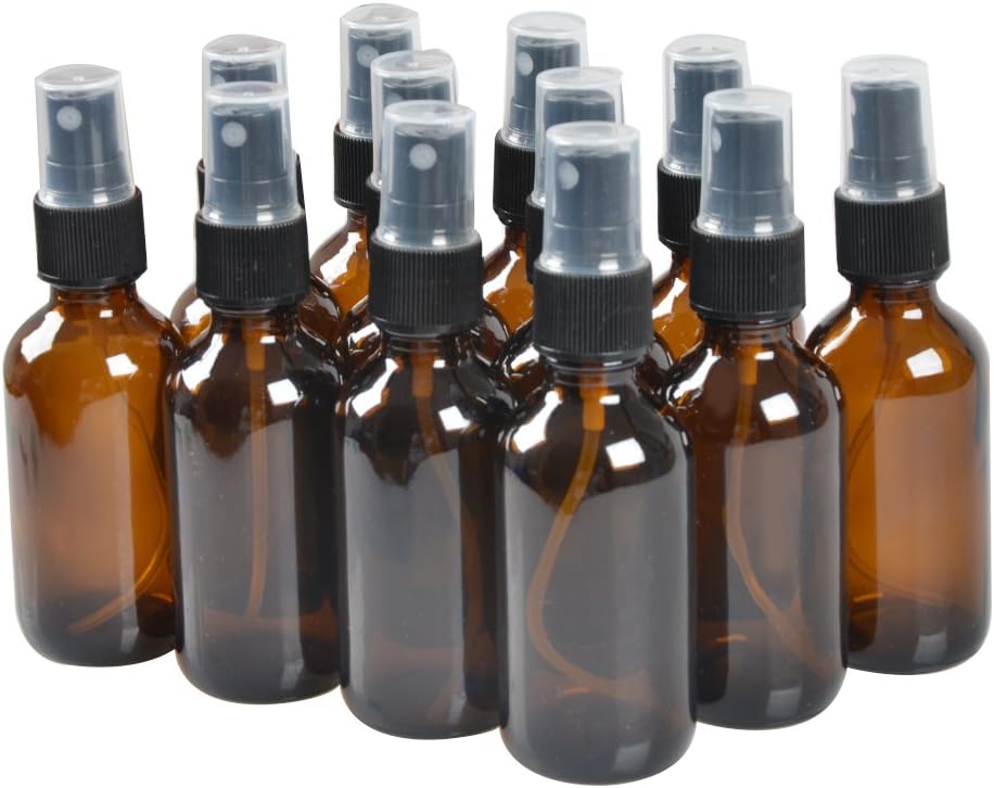 12 Pack,2oz Amber Glass Bottles with Black Fine Mist Sprayer.Refillable & Reusable.Designed for Essential Oils, Perfumes,Cleaning Products,Aromatherapy.12 Chalk Labels as gift.