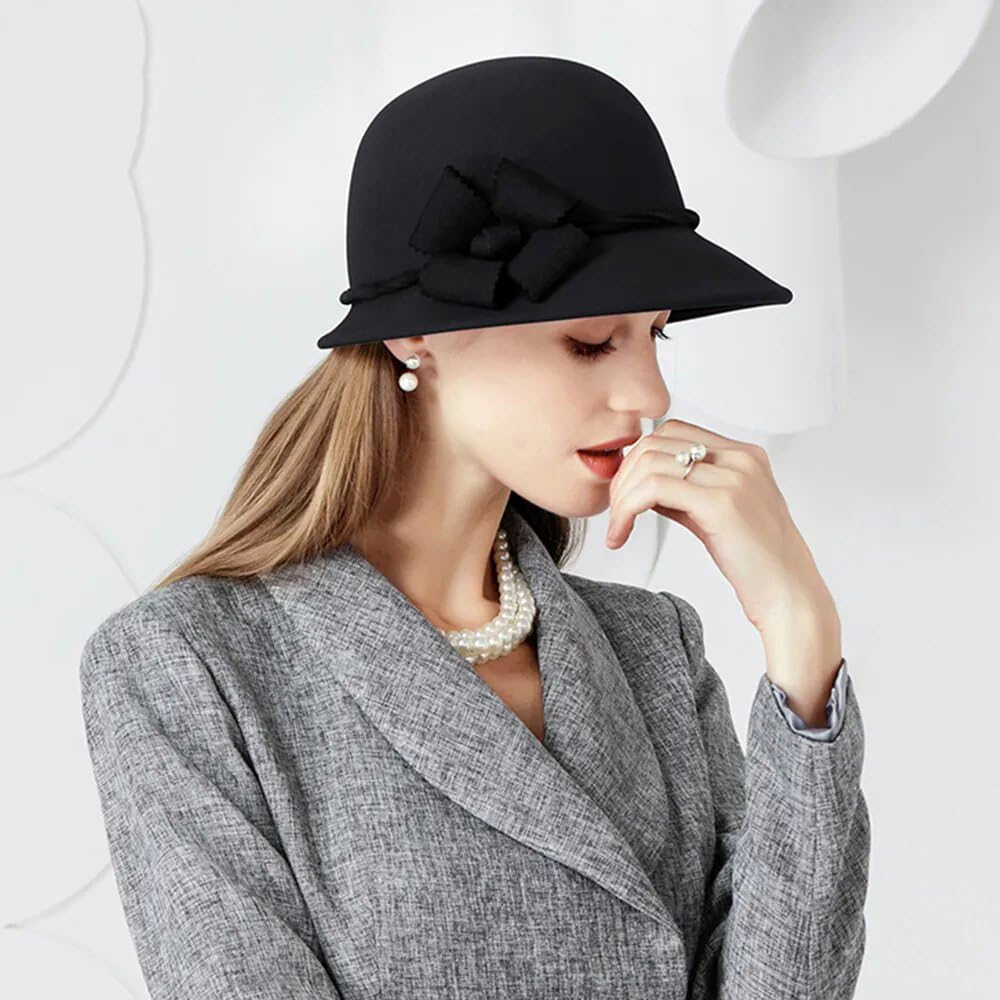 Cappelli a Bombetta a Tesa Larga in Feltro di Lana Grigio Scuro per Donna, Cappelli da cappellaio Nero, Cappelli a Cloche da Donna, Autunno Inverno (Grigio Scuro, 53-57 cm, M)